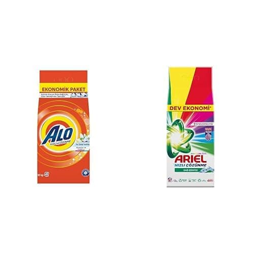 Alo 10 kg Kar Çiçeği Ferahlğı Beyazlar ve Renkliler Hızlı Çözülme Toz Deterjan ve Ariel Dağ Esintisi Renklilere Özel 12 kg Hızlı Çözünme Toz Çamaşır Deterjanı