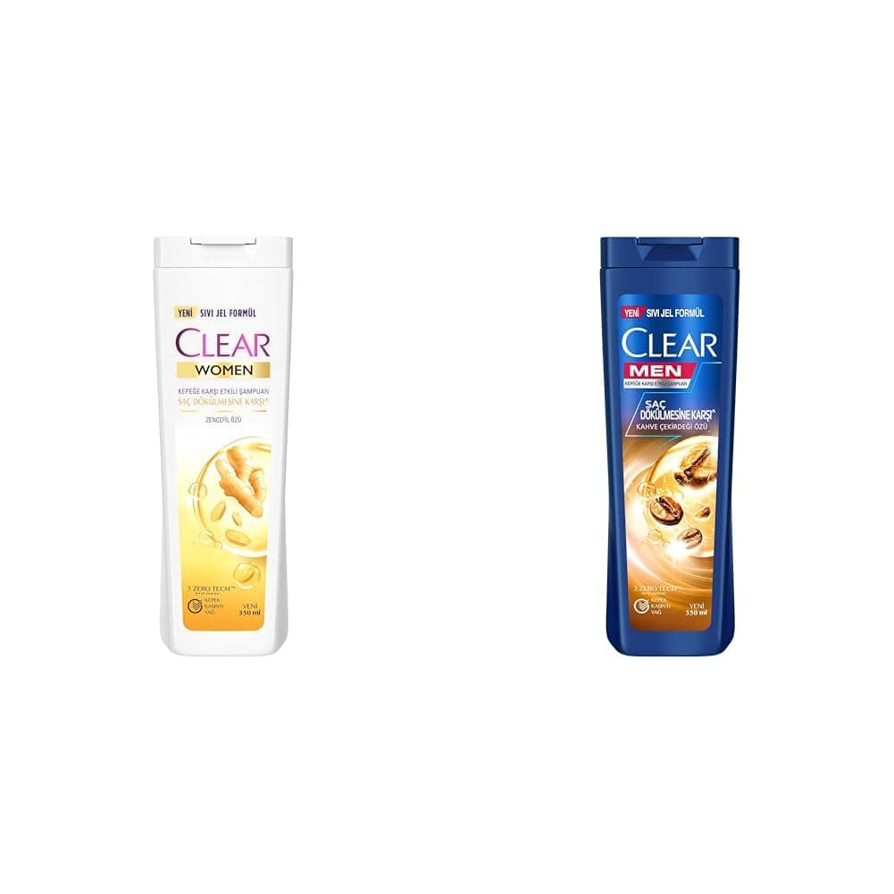 Clear Women Saç Dökülmesine Karşı Zencefil Özü Kepeğe Karşı Etkili Şampuan 350 ml(1) Clear Men Kepeğe Karşı Etkili Şampuan Saç Dökülmesine Karşı Kahve Çekirdeği Özü 350 ml(1)