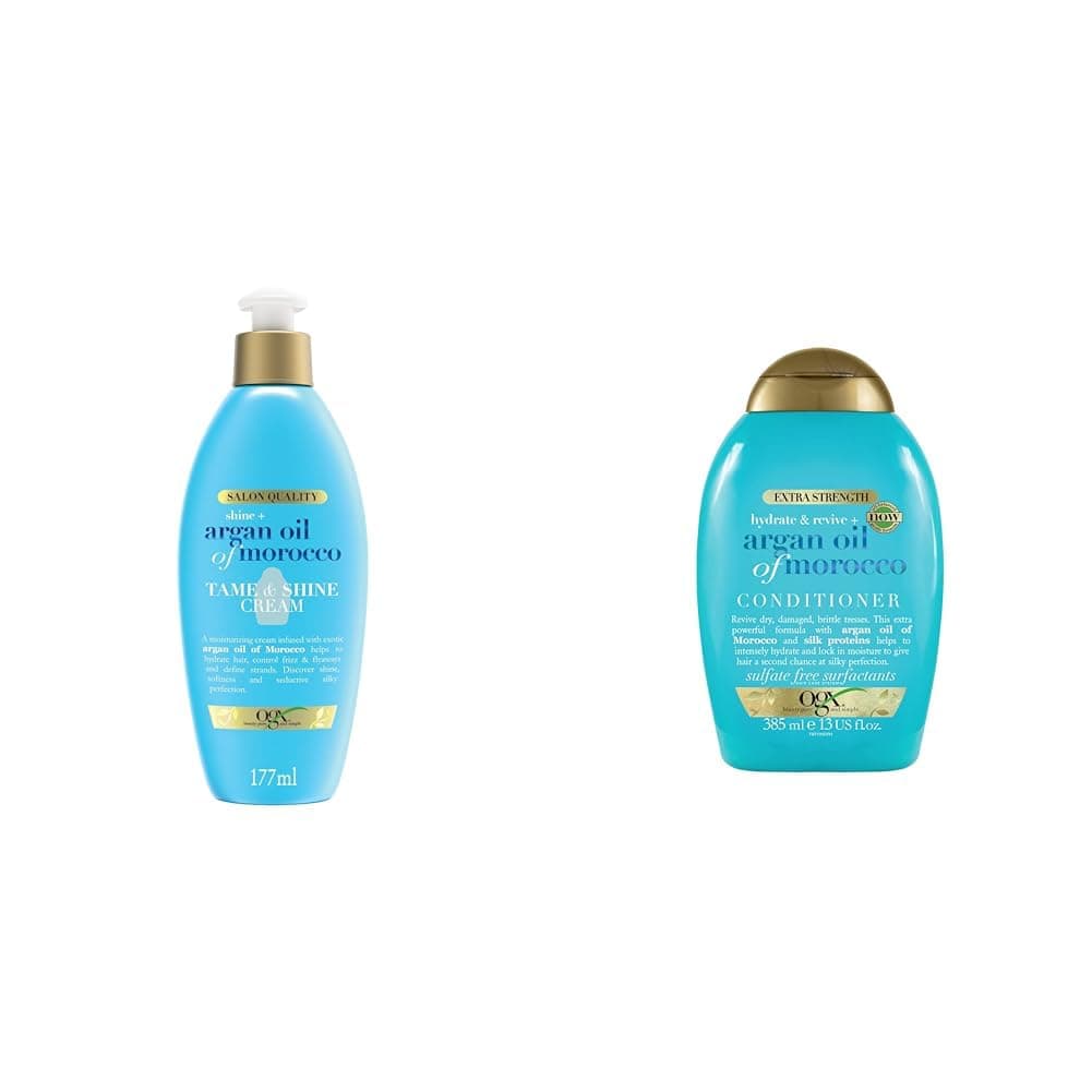 OGX Argan Oil of Morocco Şekillendirici Parlaklık Kremi 177ml ve OGX Ekstra Güçlü Nemlendirici ve Canlandırıcı Argan Oil of Morocco Sülfatsız Saç Kremi (1 x 385 ml)