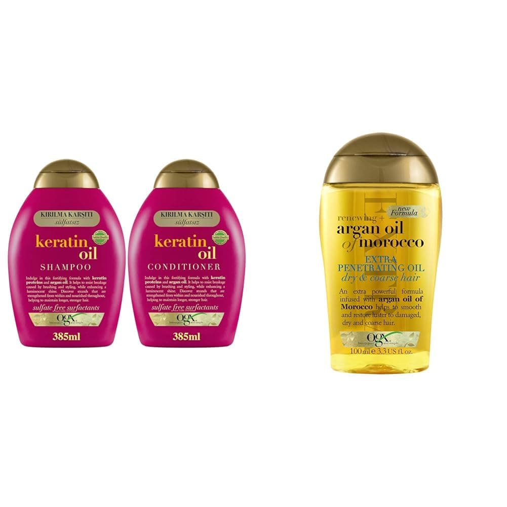 OGX Keratin Oil Kırılma Karşıtı Sülfatsız 385 Ml Şampuan + 385 Ml Saç Kremi 2'Li Set Ve Ogx Yenileyici Argan Oil Of Morocco Saç Bakım Yağı 100 Ml