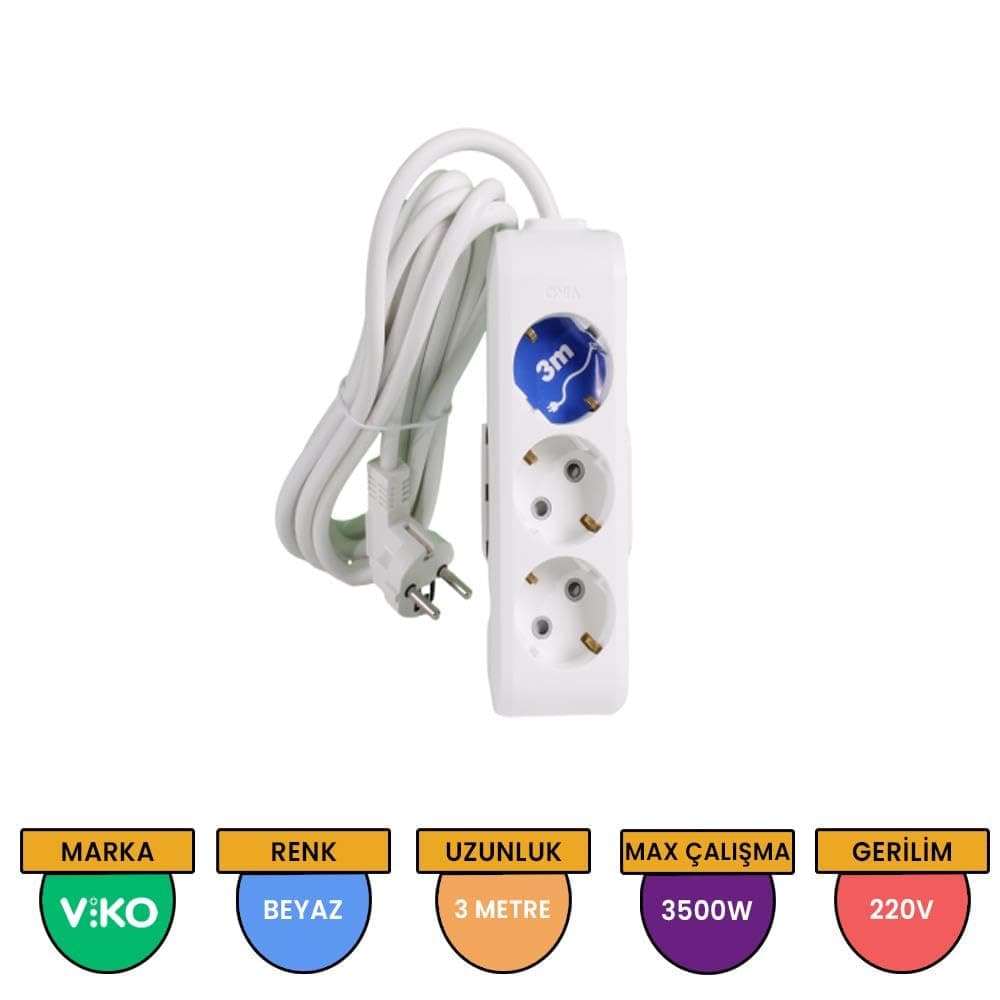 Viko Multi-Let 3lü Topraklı Kablolu Ç.K 3mt Priz, Beyaz