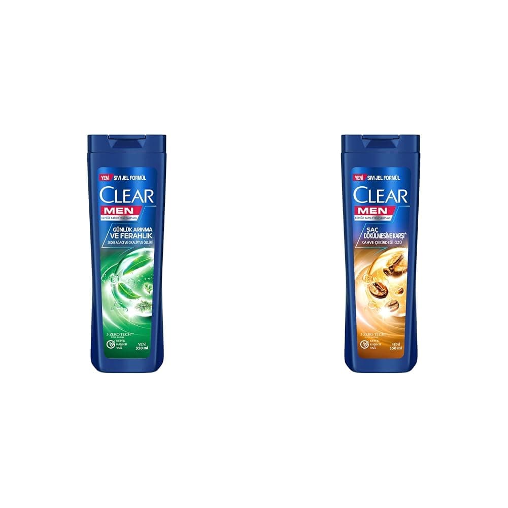 Clear Men Günlük Arınma ve Ferahlık Sedir Ağacı ve Okaliptus Özleri Kepeğe Karşı Etkili Şampuan 350 ml(2) Clear Men Kepeğe Karşı Etkili Şampuan Saç Dökülmesine Karşı Kahve Çekirdeği Özü 350 ml(1)