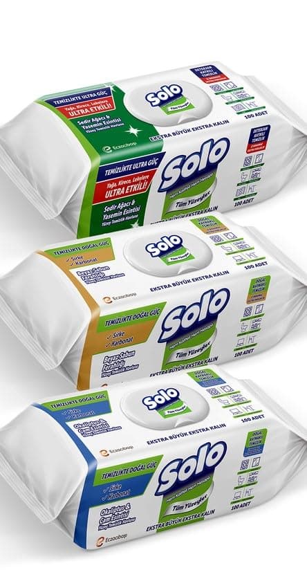 Solo Yüzey Temizleme Mendili Üçlü Set 300 Yaprak (100'lü 3 Paket)