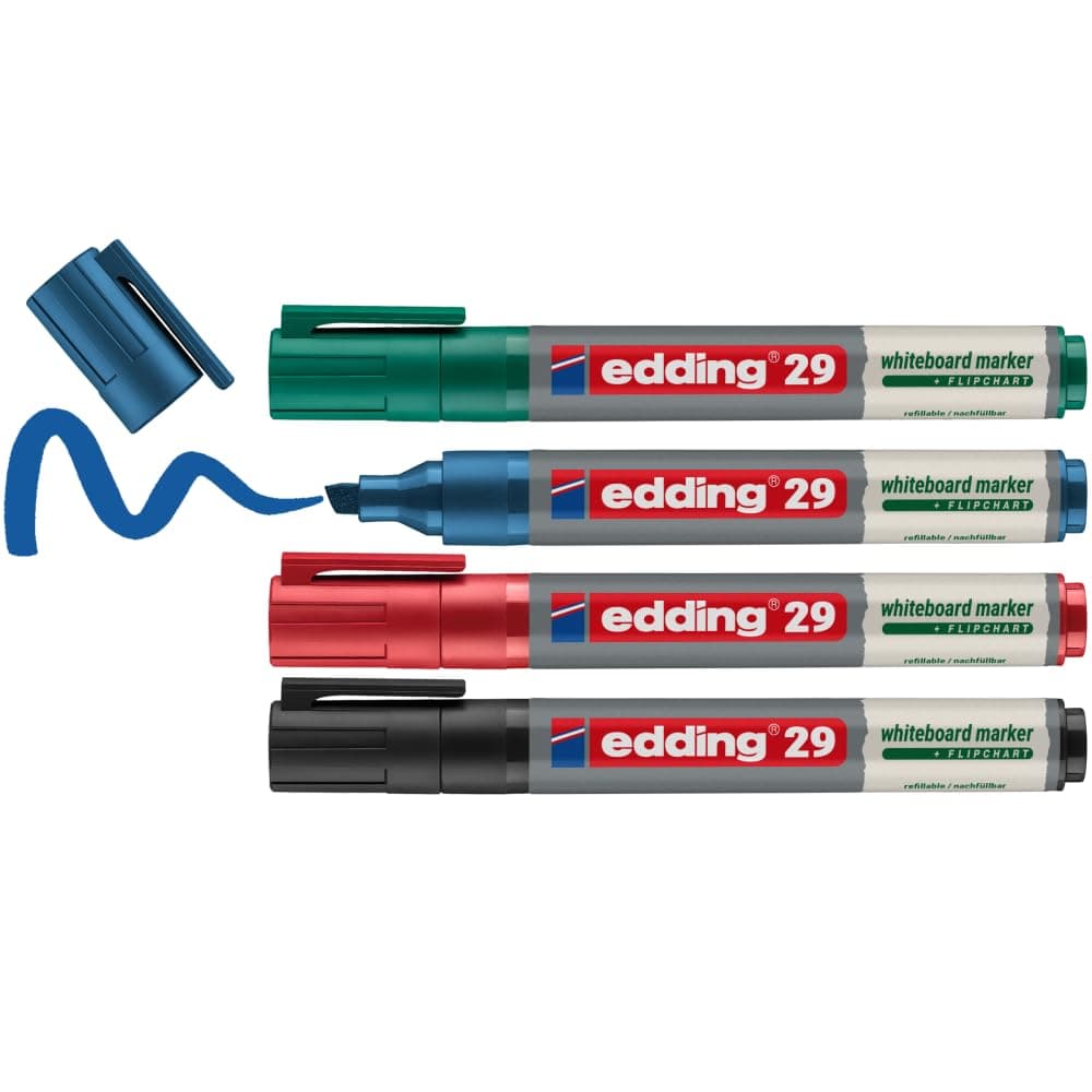 edding 29 EcoLine beyaz yazı tahtası kalemi, 4'lü set, karışık renkler, kesik uç, yeniden doldurulabilir