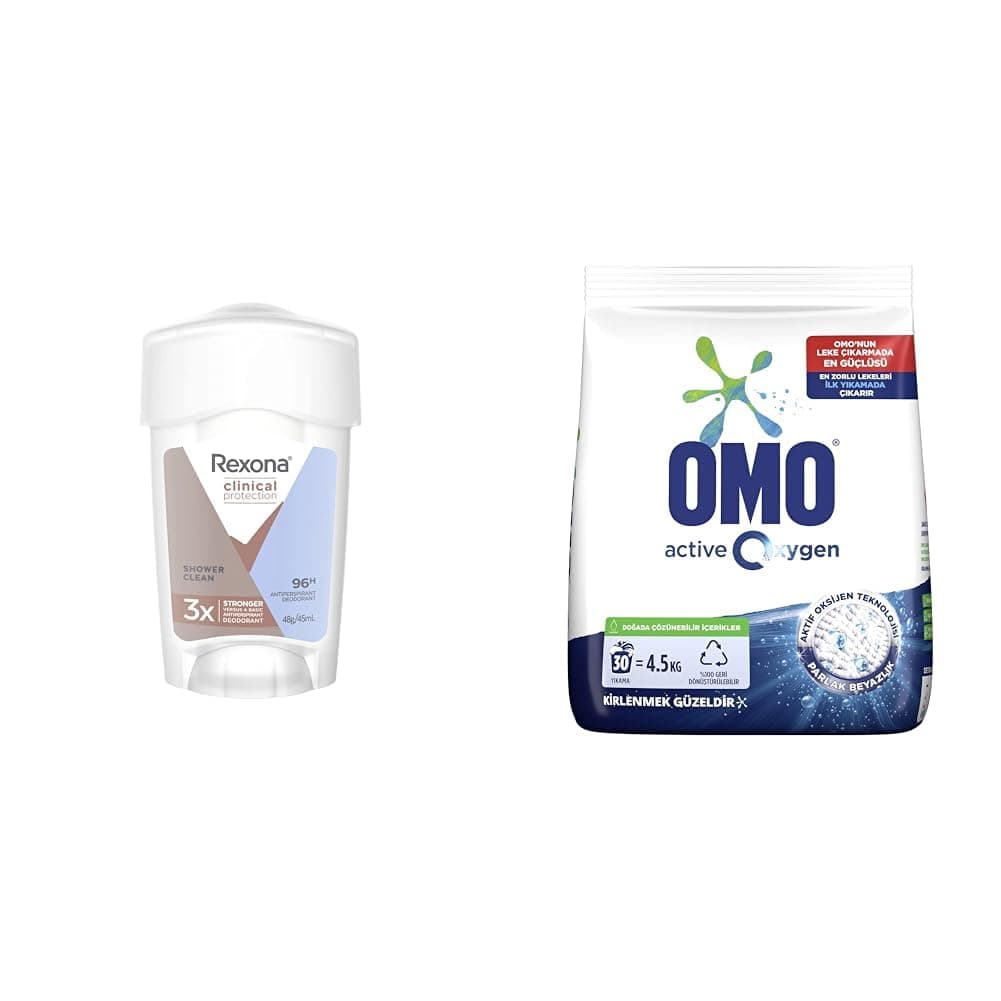 Rexona Clinical Protection Kadın Stick Deodorant Shower Clean 45 ml(1) Omo Active Oxygen Toz Çamaşır Deterjanı Beyazlar için, 4.5 kg(1)