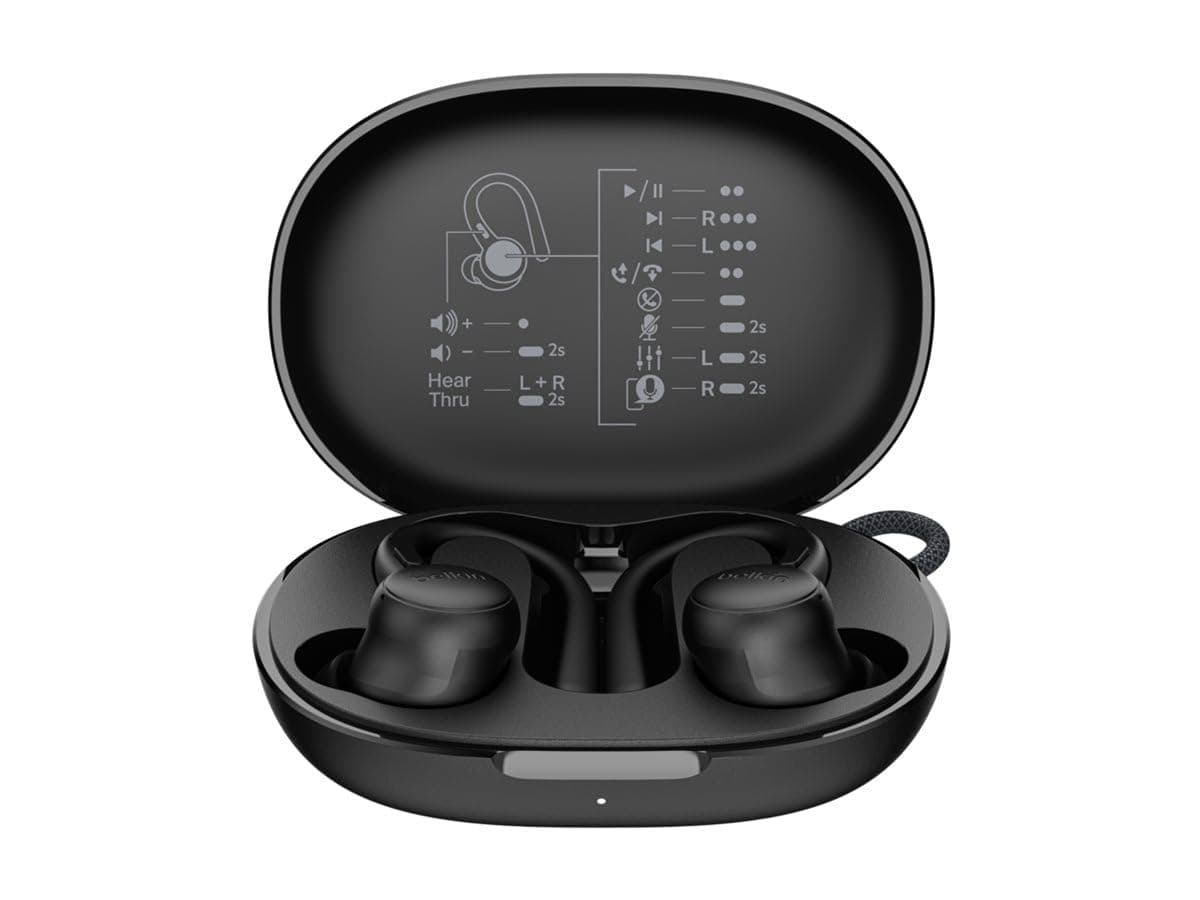 Belkin SoundForm ActiveFit Kablosuz Kulaklıklar, Dahili Mikrofon, USB-C Hızlı Şarj, 36 Saat Pil Ömrü, IP54 Suya Dayanıklılık Siyah