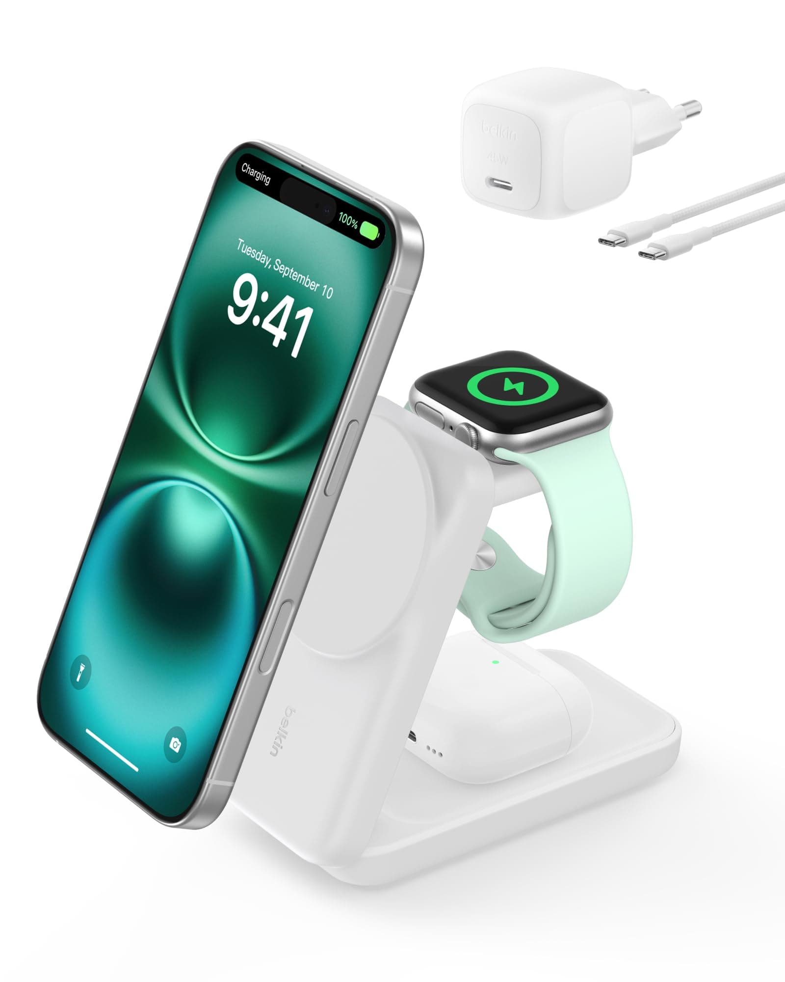 Belkin UltraCharge 3’ü 1 Arada Qi2 Manyetik Kablosuz Şarj 25 W, Beyaz