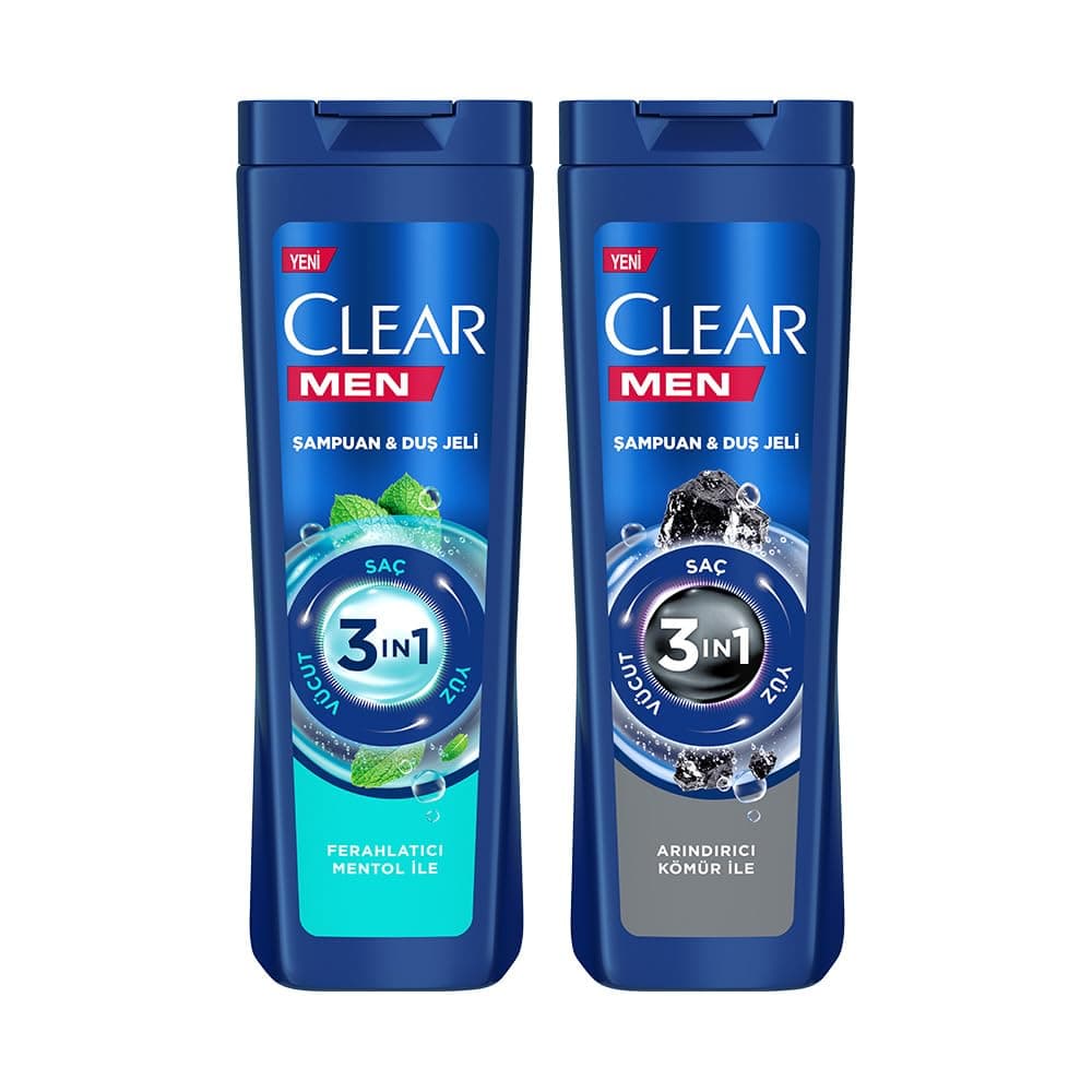 Clear Men Cool Sport 3in1 Ferahlatıcı Mentol ile 350 ML X2 + Clear Men 3in1 Arındırıcı Kömür ile 350 ML