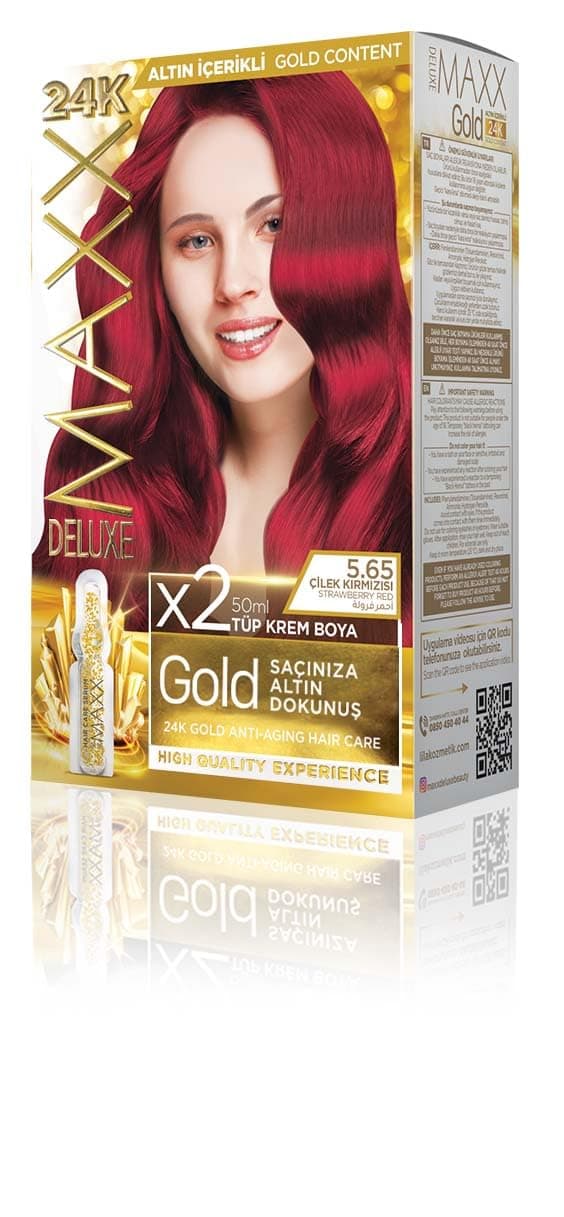 MAXX DELUXE Gold serisi 24K Altın Parçacıklı Serum ile 1 Kutu 2 x 50 ml ve Geliştiriciler Saç Boyası (ÇİLEK KIRMIZISI 5.65)