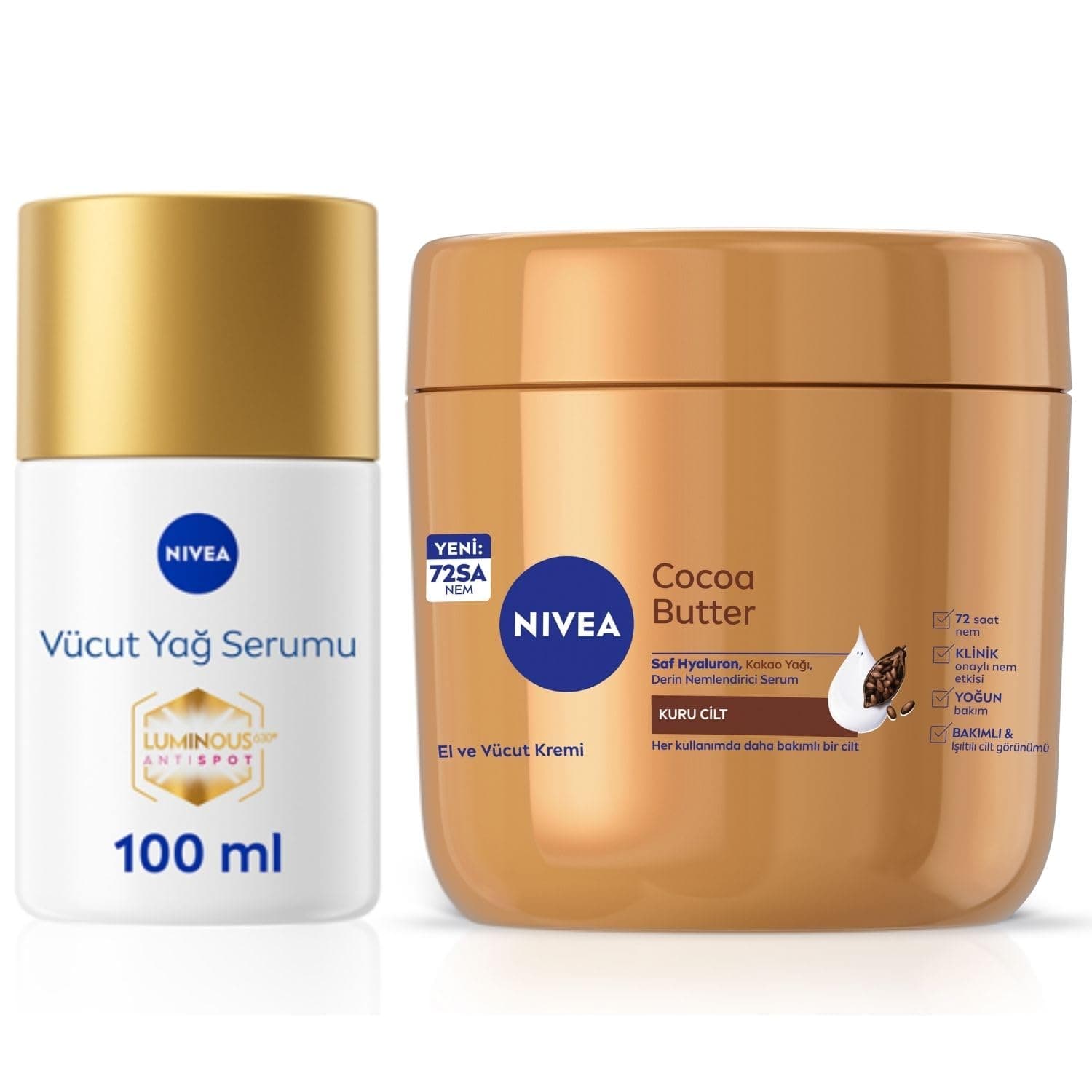NIVEA Luminous630 Çatlak Karşıtı Vücut Yağ Serumu 100ml, Cilt Tonu Eşitleyici, 48 Saat Nemlendirici, Pürüzsüz Cilt Hissi + NIVEA Nemlendirici El ve Vücut Bakım Kremi Cocoa Butter 400 ml