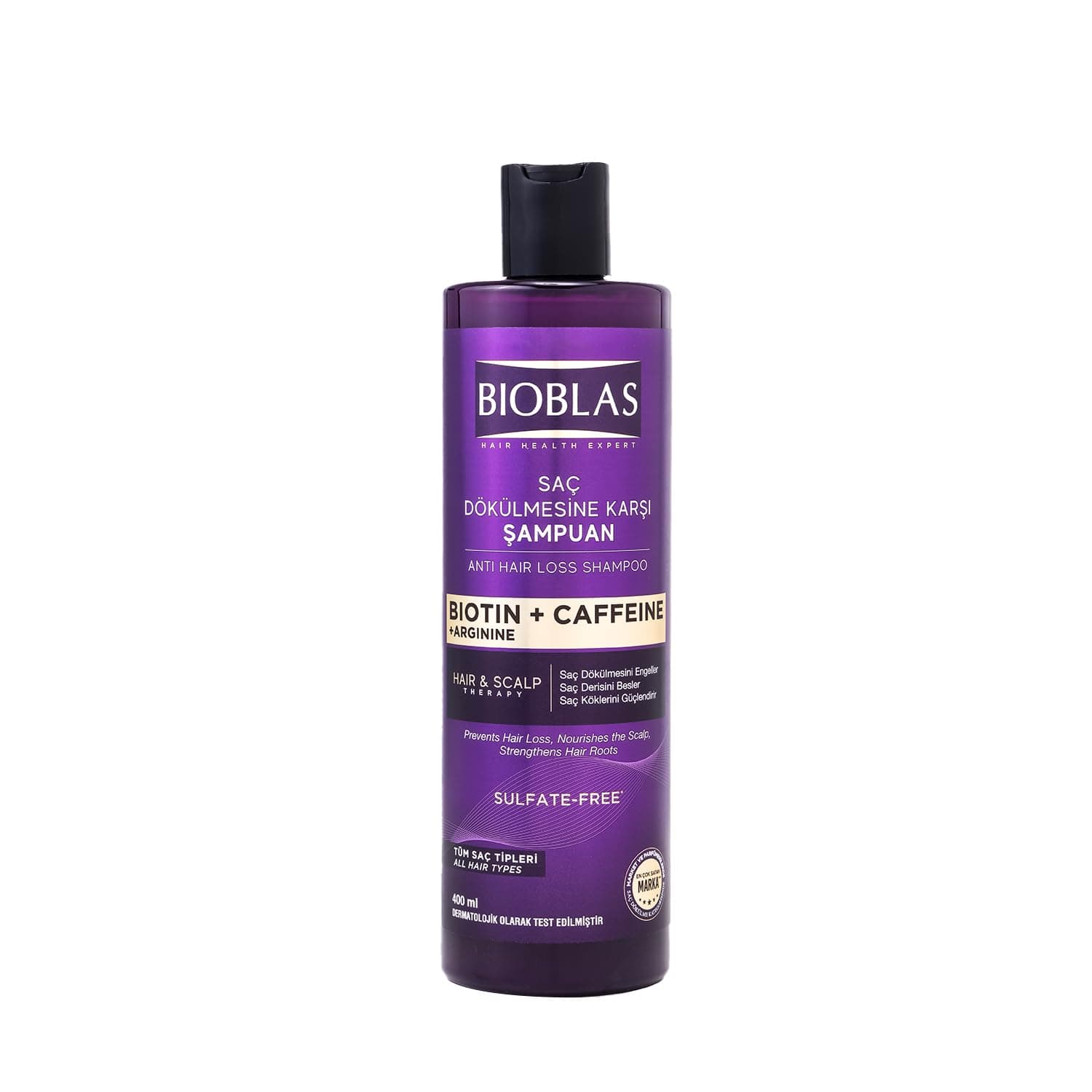 Bioblas Biotin Kafein Arjinin Şampuan – Saç Dökülmesine Karşı Güçlü Bitkisel Formül, Sülfatsız, BIOCOMPLEX B19 ile, 400 ml
