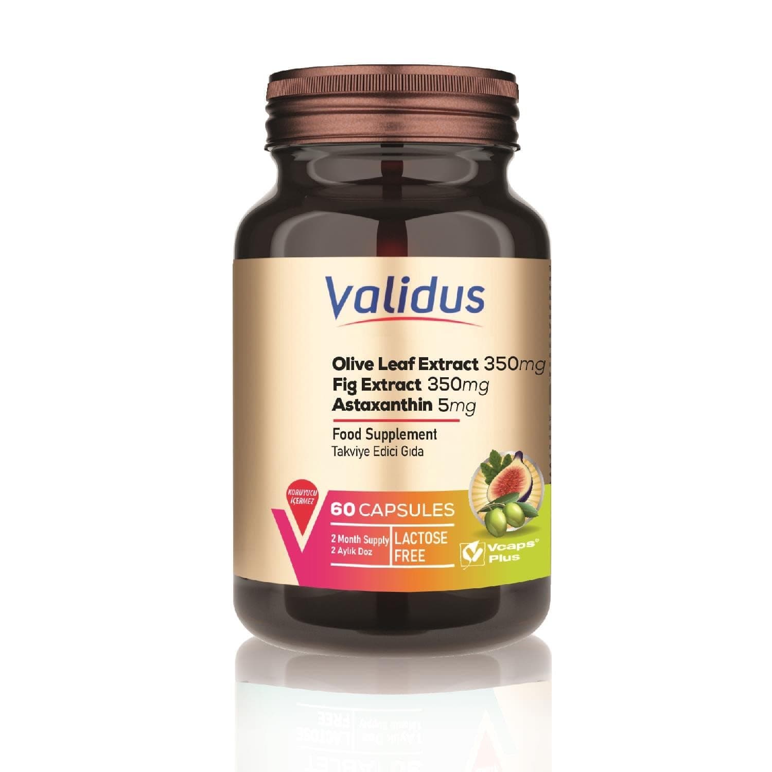 Validus Zeytin Yaprağı Özü 350 mg + İncir Özü 350 mg + Astaksantin 5 mg Takviye Edici Gıda 60 Kapsül