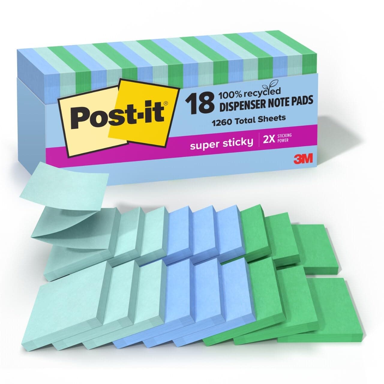 Post-it Süper Yapışkan%100 Geri Dönüştürülmüş Açılır Notlar, Oasis Koleksiyonu, 3 inç x 3 inç, 70 Yaprak, 18 Ped, Okul Malzemeleri ve Ofis Ürünleri