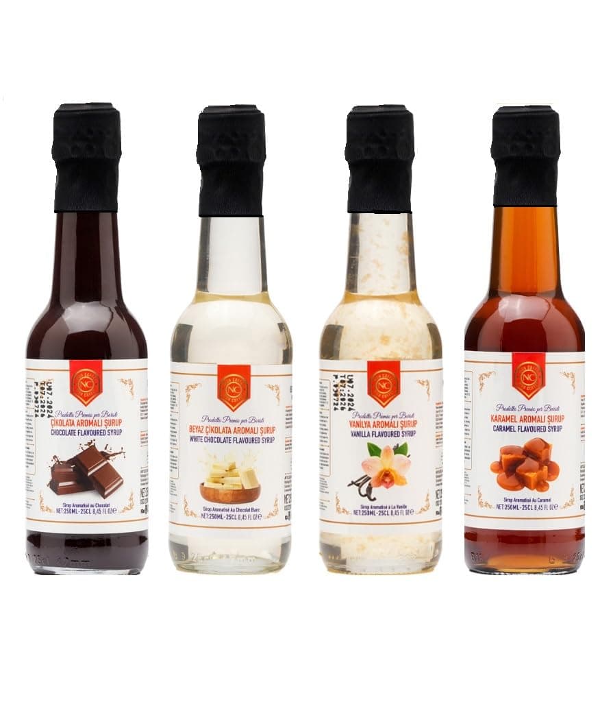 Nish Karamel, Vanilya, Çikolata, Beyaz Çikolata Aromalı Şurup 4'lü Set (4x250 ML) - Cam Şişe