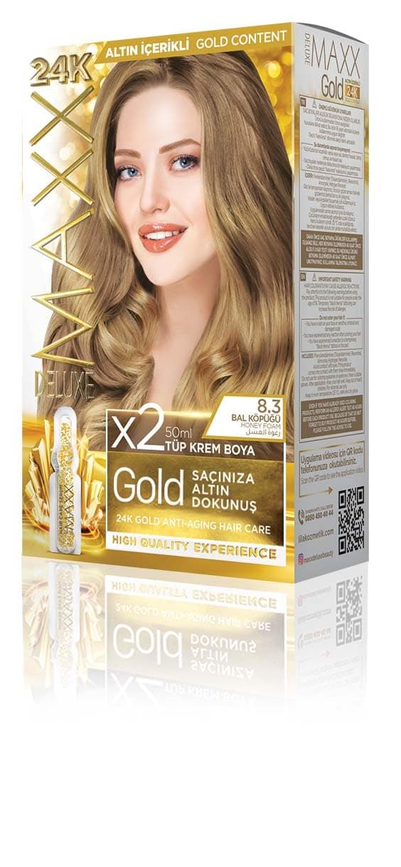 MAXX DELUXE Gold serisi 24K Altın Parçacıklı Serum ile 1 Kutu 2 x 50 ml ve Geliştiriciler Saç Boyası (BAL KÖPÜĞÜ 8.3)