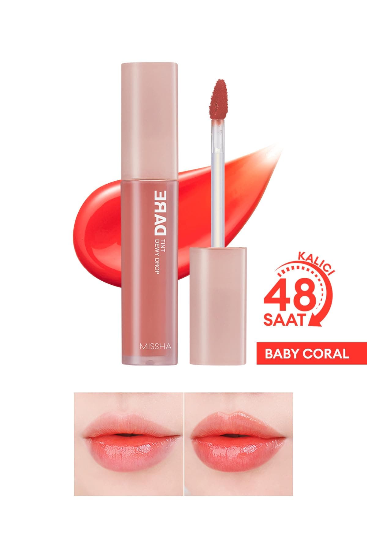MISSHA Uzun Süre Kalıcı, Nemli Bitiş Sunan Parlak Tint Dare Tint Dewy Drop (Baby Coral)