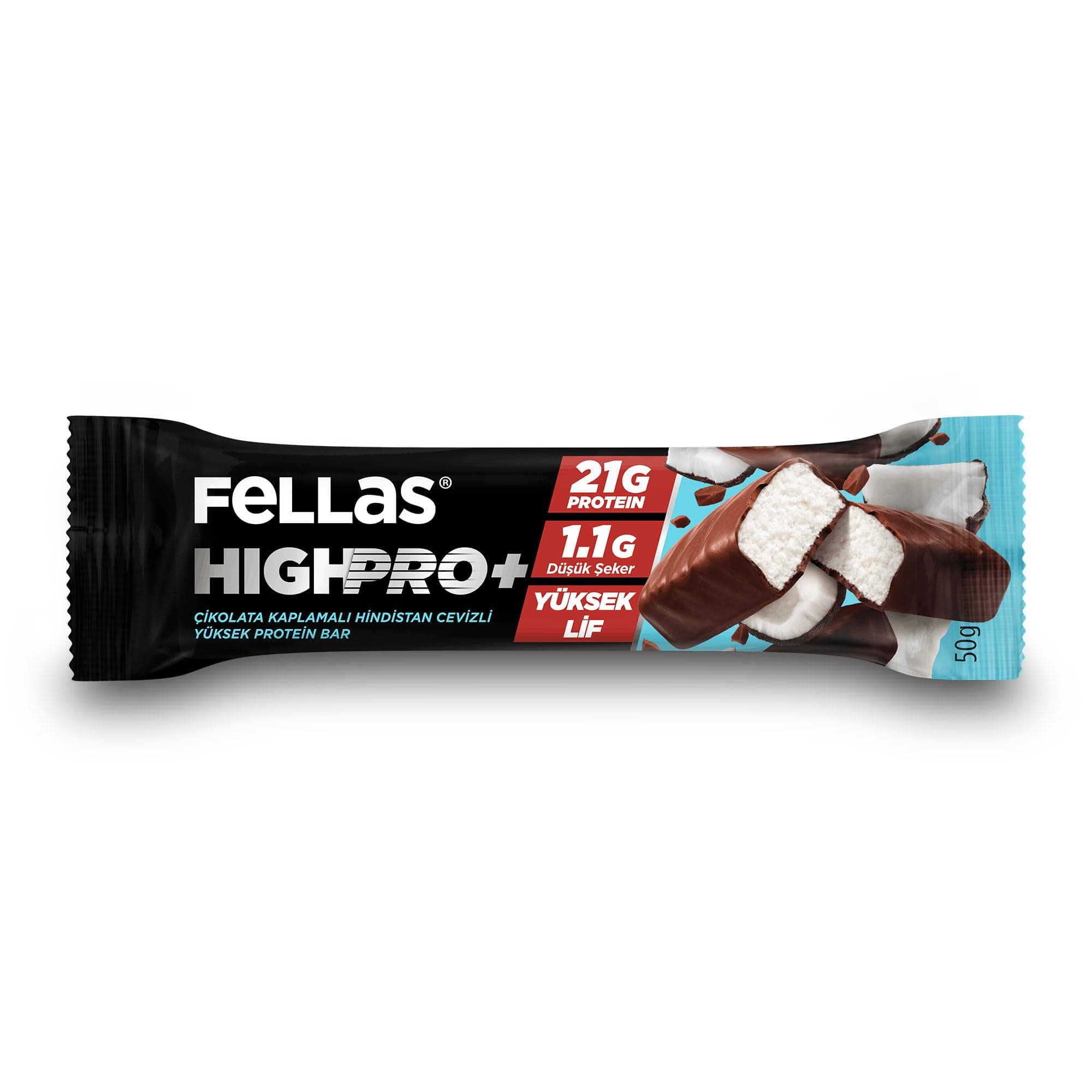 Fellas Çikolata Kaplı HighPro+ Protein Bar - Hindistan Cevizli (50g) x12 Adet