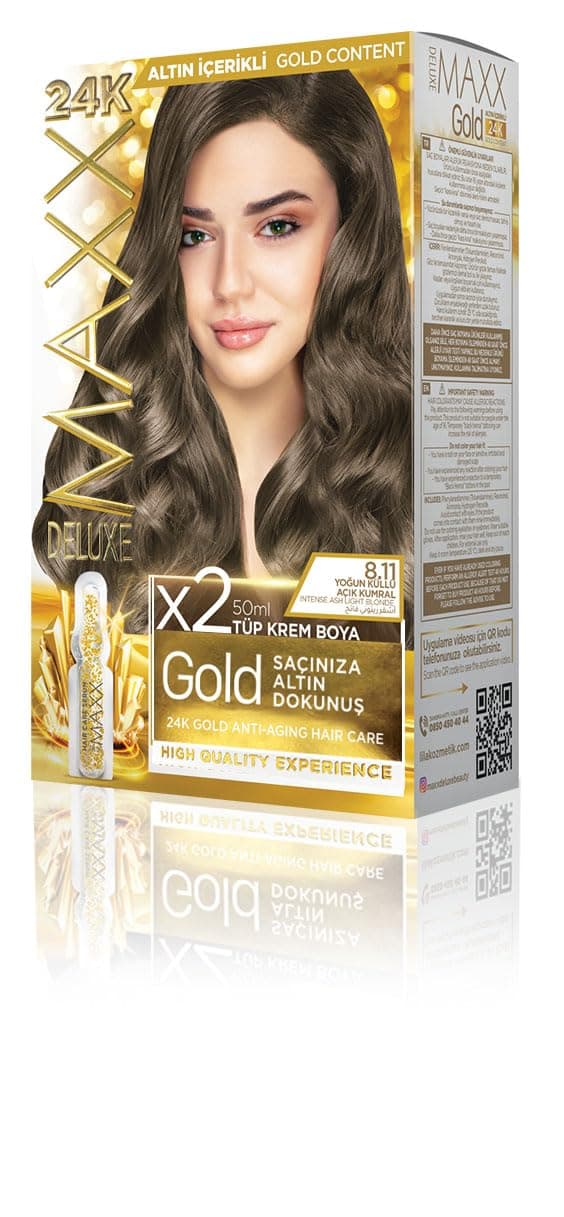 MAXX DELUXE Gold serisi 24K Altın Parçacıklı Serum ile 1 Kutu 2 x 50 ml ve Geliştiriciler Saç Boyası (YOĞUN KÜLLÜ AÇIK KUMRAL 8.11)