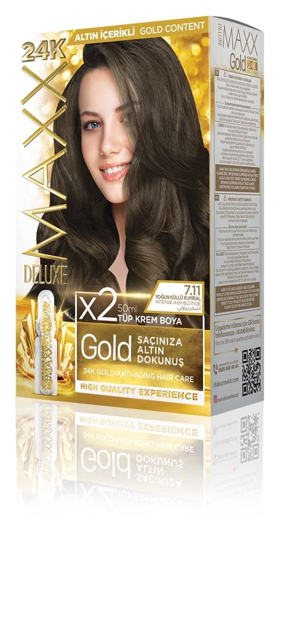 MAXX DELUXE Gold serisi 24K Altın Parçacıklı Serum ile 1 Kutu 2 x 50 ml ve Geliştiriciler Saç Boyası (YOĞUN KÜLLÜ KUMRAL 7.11)