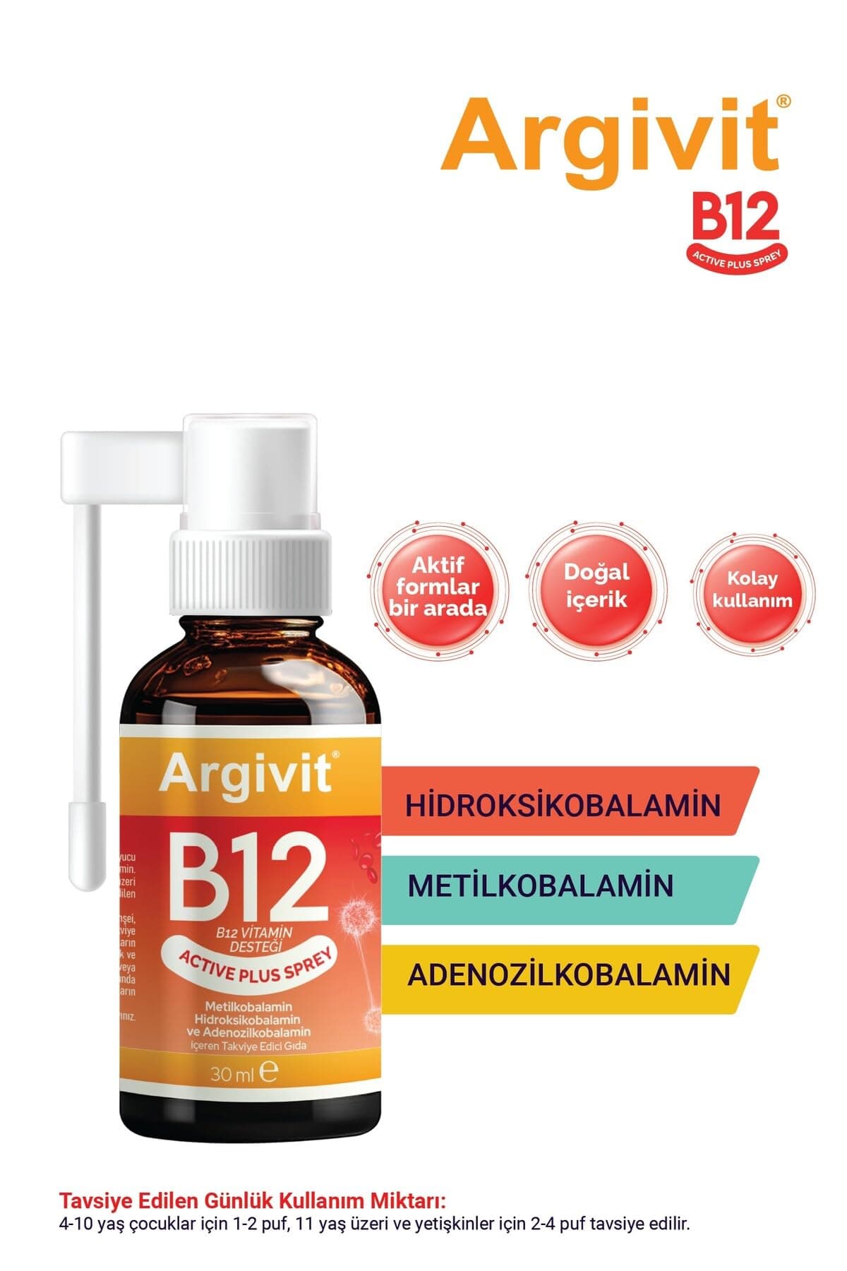 Argivit Active Plus B12 Vitamin Metilkobalamin, Hidroksikobalamin Ve Adenozilkobalamin Sprey 30 ml