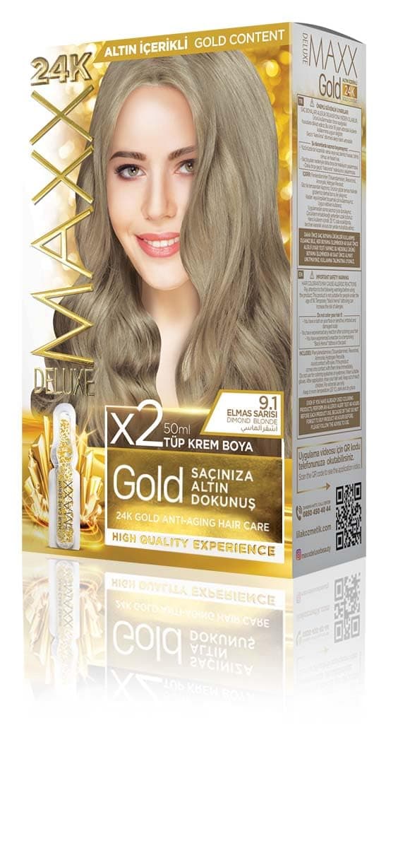 MAXX DELUXE Gold serisi 24K Altın Parçacıklı Serum ile 1 Kutu 2 x 50 ml ve Geliştiriciler Saç Boyası (ELMA SARISI 9.1)