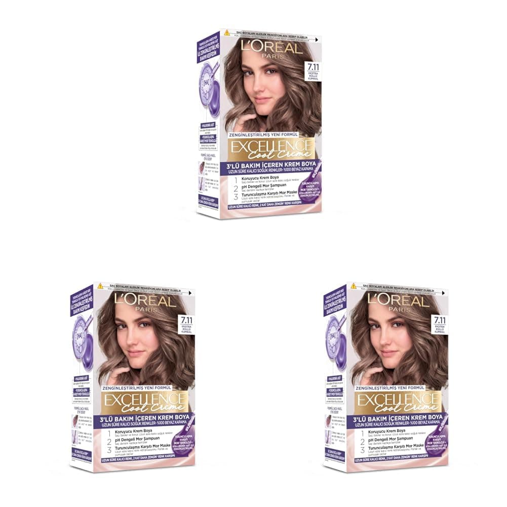 L'Oreal Paris Excellence Cool Creme 7.11 Ekstra Küllü Kumral Saç Boyası (3 paketi)