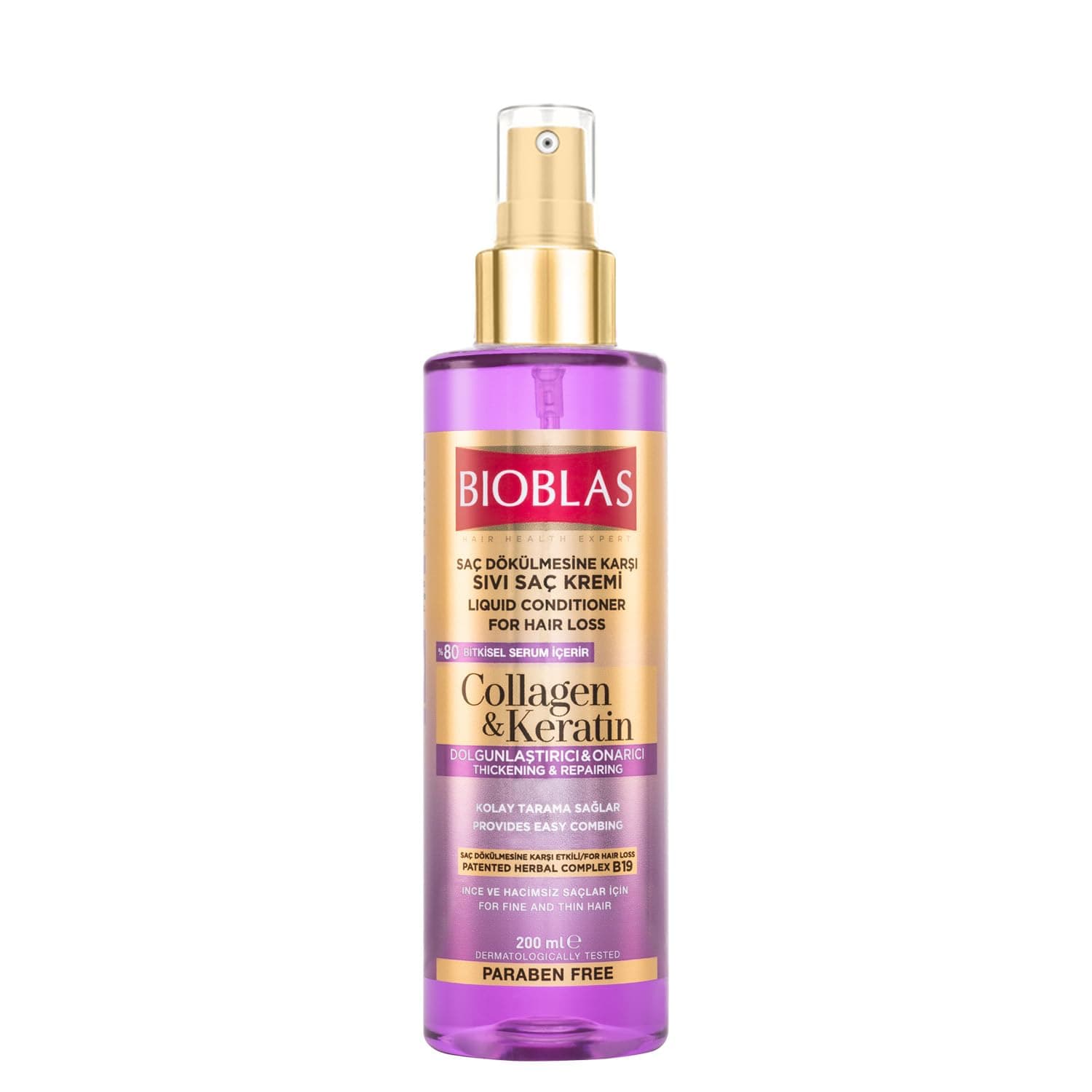 Bioblas Kolajen & Keratin Sıvı Saç Kremi – Durulanmayan, Onarıcı & Dolgunlaştırıcı Etki, Bitkisel Kompleks B19, 200 ml