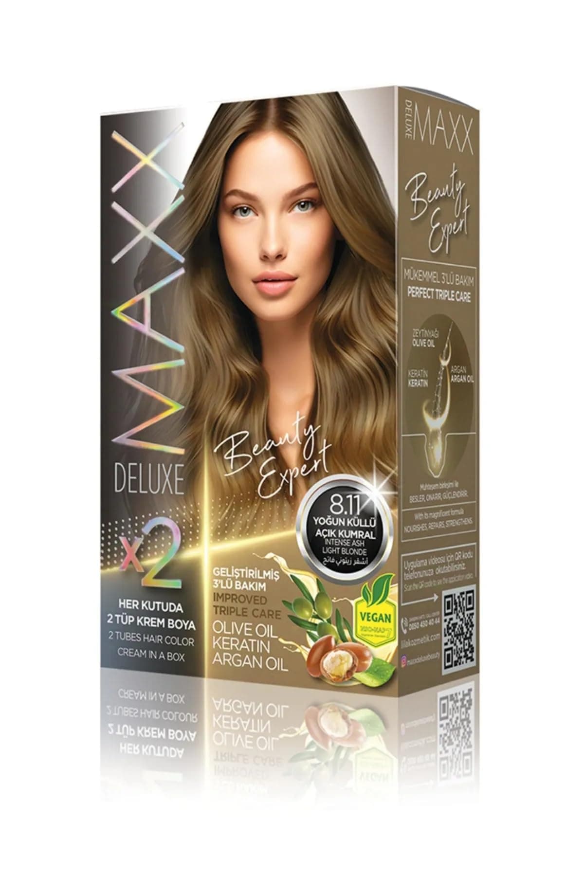 MAXX DELUXE BEAUTY EXPERT HAIR COLOR (KERATİN)'Lİ 1 KUTU (2 X 50 ML) (Yoğun Küllü Açık Kumral 8.11)