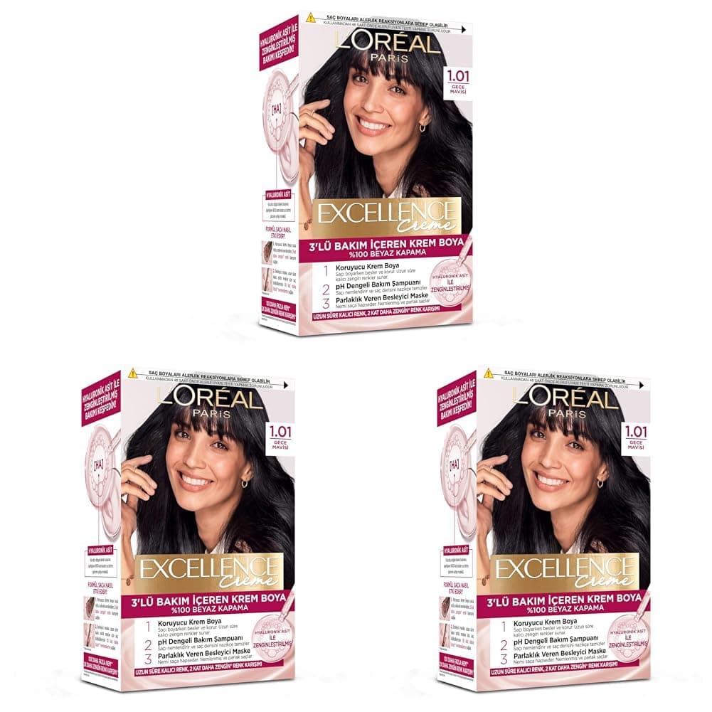 L’Oréal Paris Excellence Creme 1.01 Derin Gece Mavisi Saç Boyası (3 paketi)