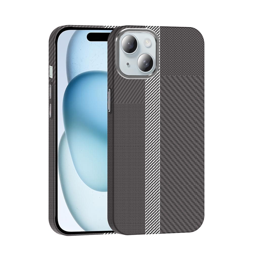 Zore Apple için uyumlu iPhone 15 Kılıf M-safe Şarj Özellikli Karbon Fiber Görünümlü Zore Gros Kapak Gri-Siyah