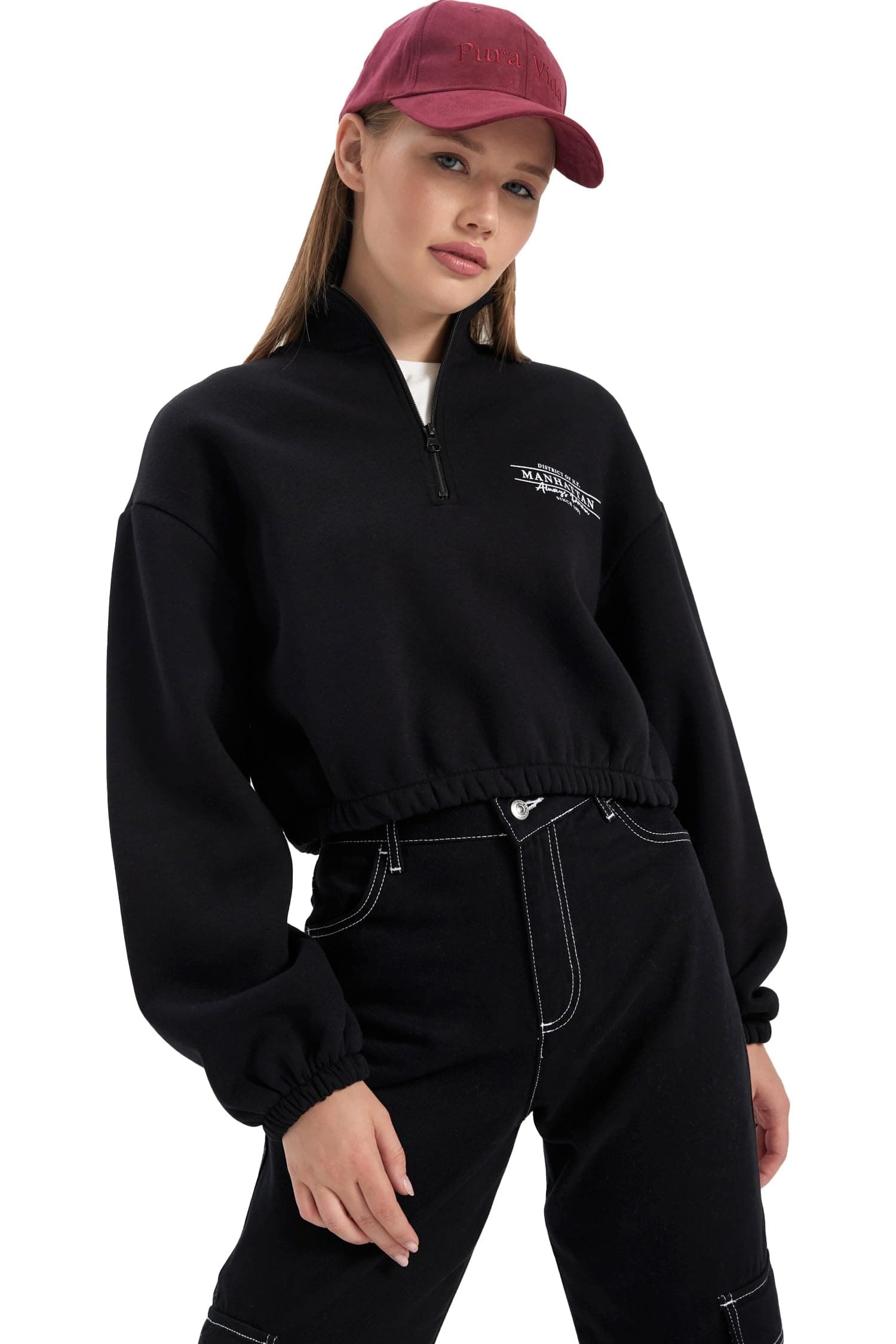 Kadın Coool Crop Yarım Fermuarlı Sweatshirt
