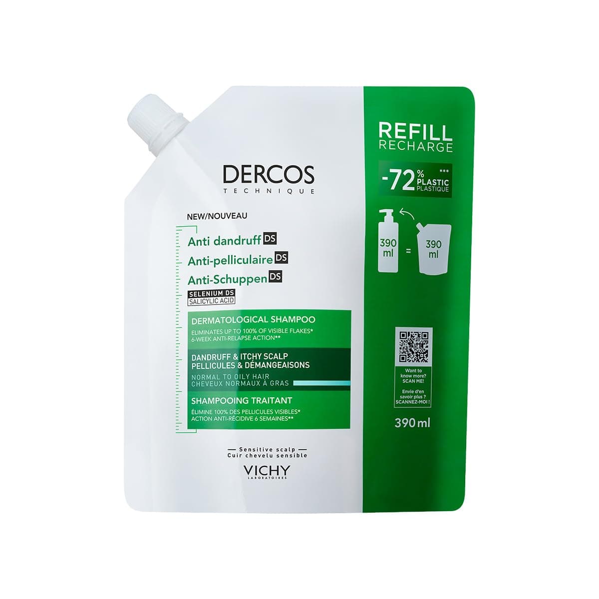 Vichy Dercos kepek DS, dermatolojik kepek şampuanı, normal ila yağlı saç derisi ve yağlı saçlar için, nüks önleyici etki, selenyum DS ve salisilik asitli, dolum paketi, 390 ml