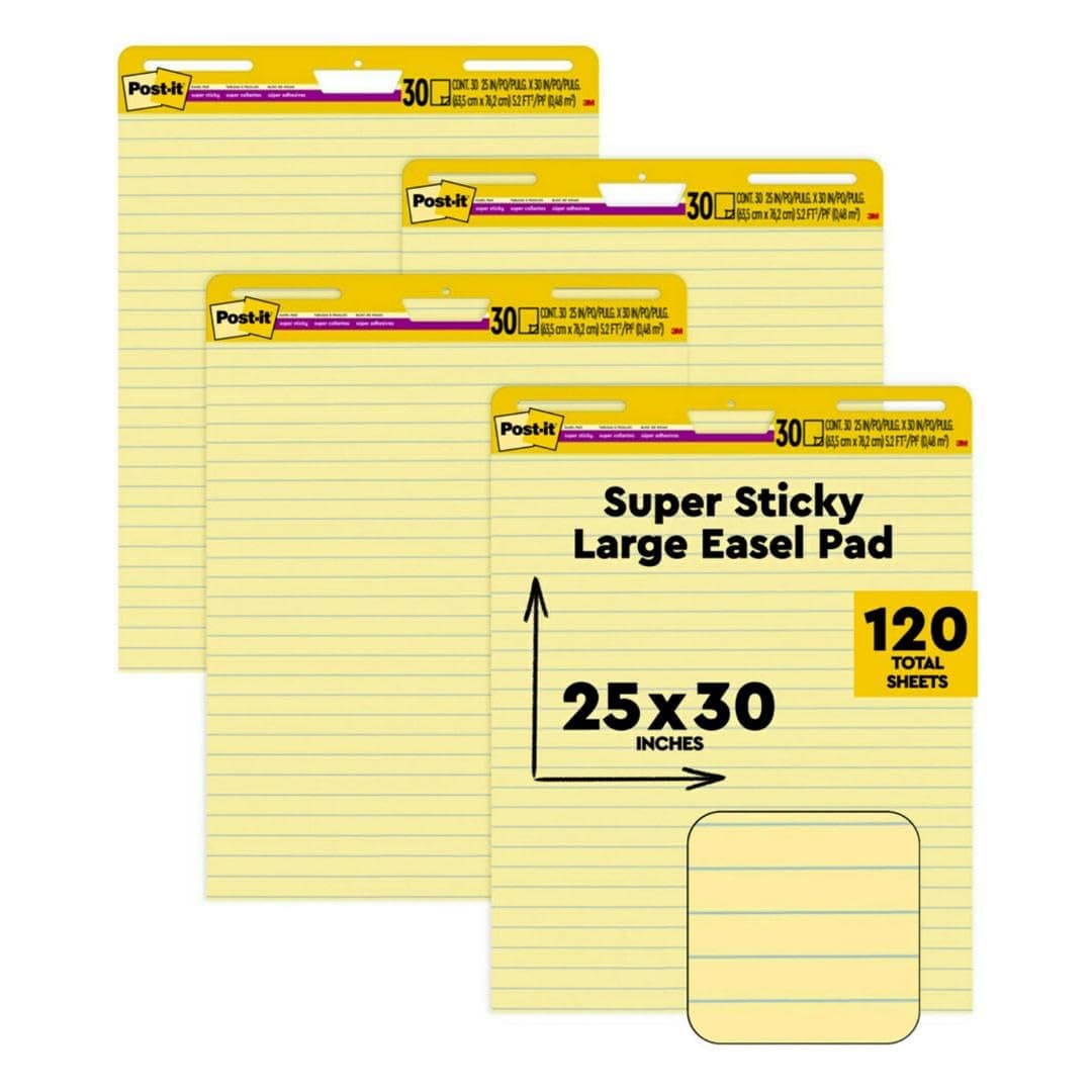 Post-it Süper Yapışkan Şövale Pedi, 63,5 cm x 76,2 cm Yaprak, Çizgili Sarı Kağıt, 30 Yaprak/Ped, 4 Ped/Paket, Sanal Öğretmenler ve Öğrenciler için Harika (561 VAD 4PK)
