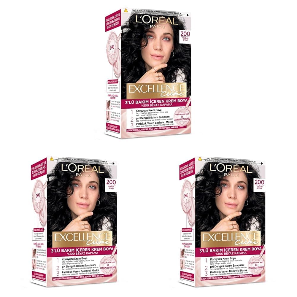 L'Oreal Paris Excellence Creme Saç Boyası 200 Yoğun Siyah (3 paketi)