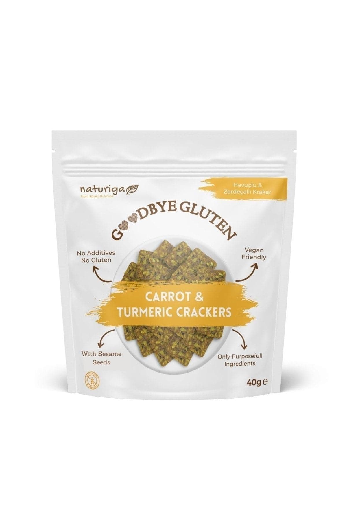 Naturiga Havuçlu Zerdeçallı Kraker 40 gr, Glutensiz Vegan Sebzeli Kraker, Nohut Unlu ve Pirinç Unlu Baharatlı Çıtır Atıştırmalık