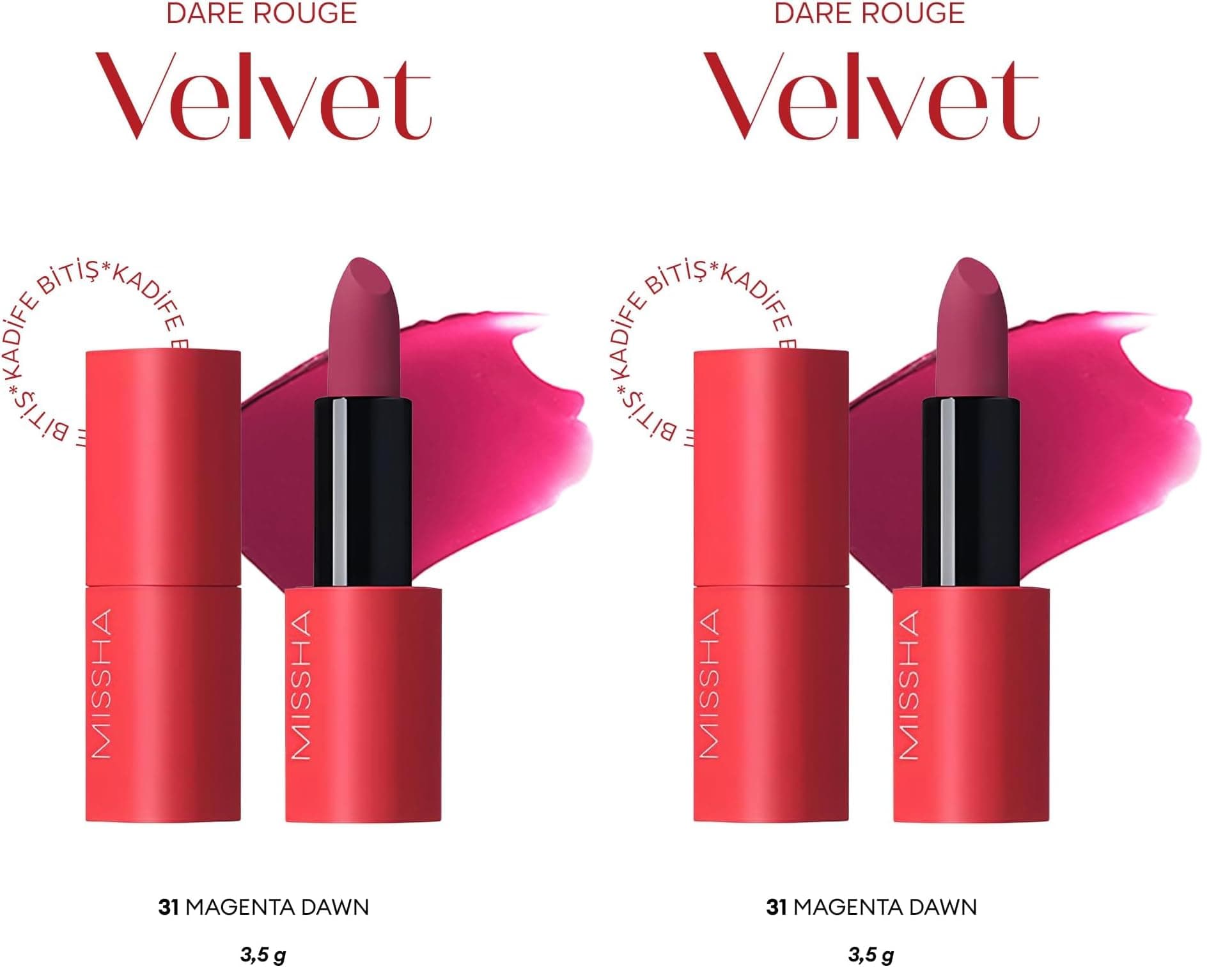 MISSHA Yoğun Pigmentli, Blur Etkili, Nemli Kadife Bitişli Ruj Dare Rouge Velvet (No.31 Magenta Dawn) No.31 Magenta Dawn (2 paketi)