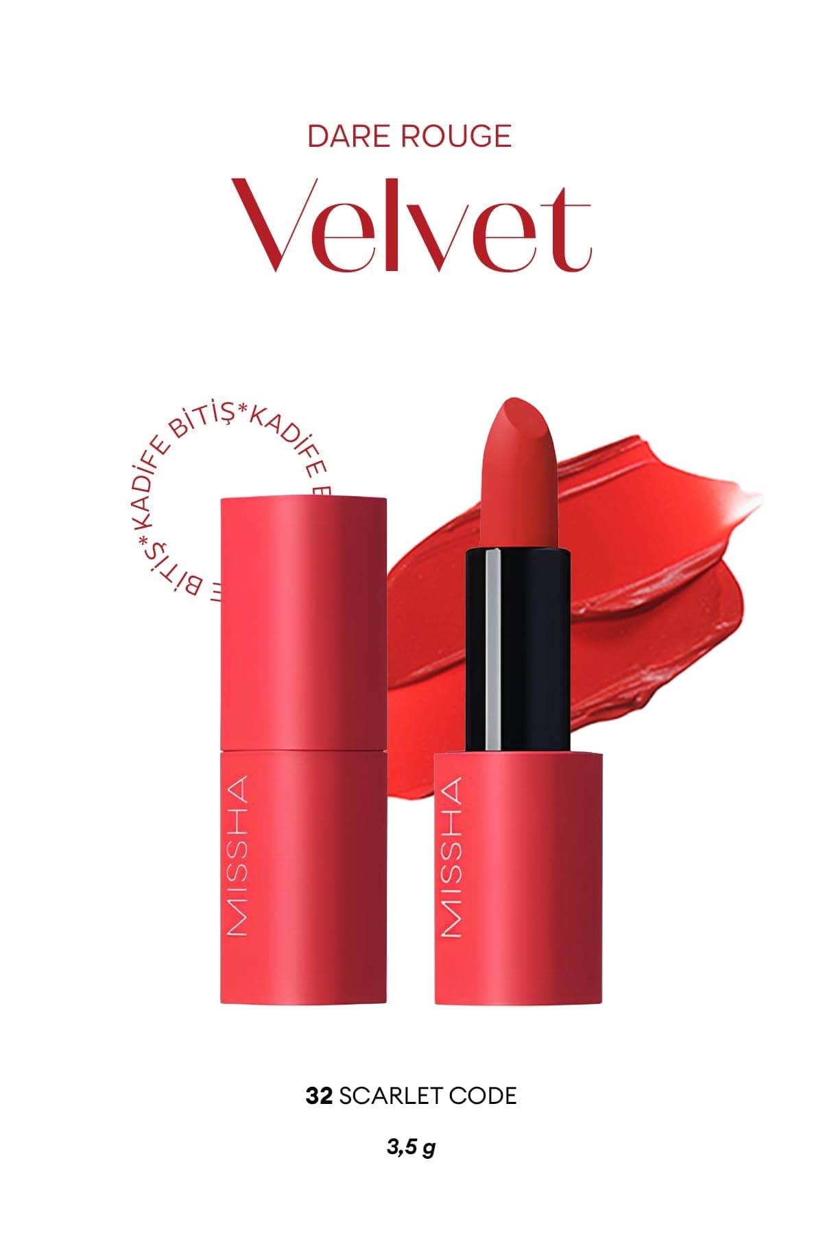 MISSHA Yoğun Pigmentli, Blur Etkili, Nemli Kadife Bitişli Ruj Dare Rouge Velvet (No.32 Scarlet Code) No.32 Scarlet Code
