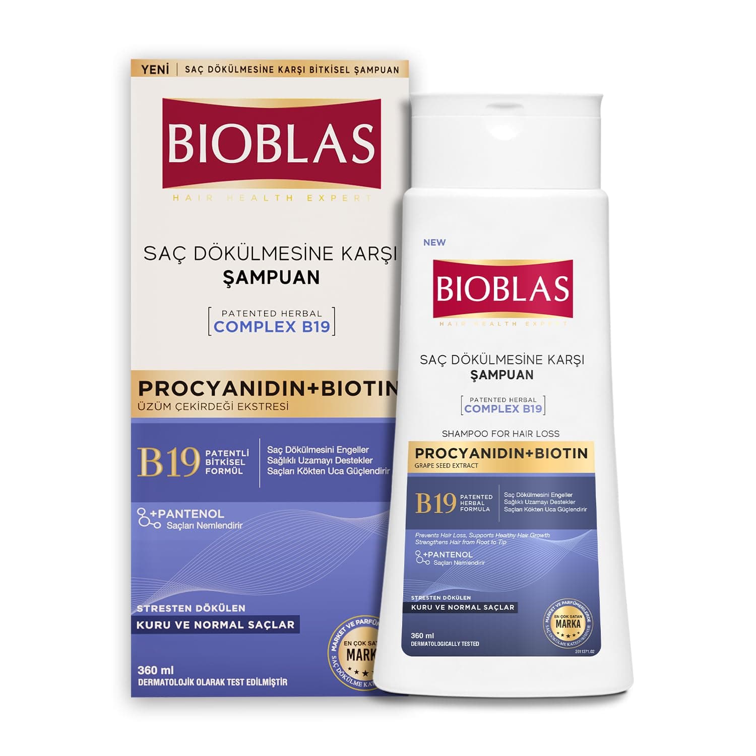 Bioblas Procyanidin & Biotin Saç Dökülmesine Karşı Anti-Stres Şampuan – Bitkisel Kompleks B19, Parabensiz, Tüm Saç Tipleri, 360 ml