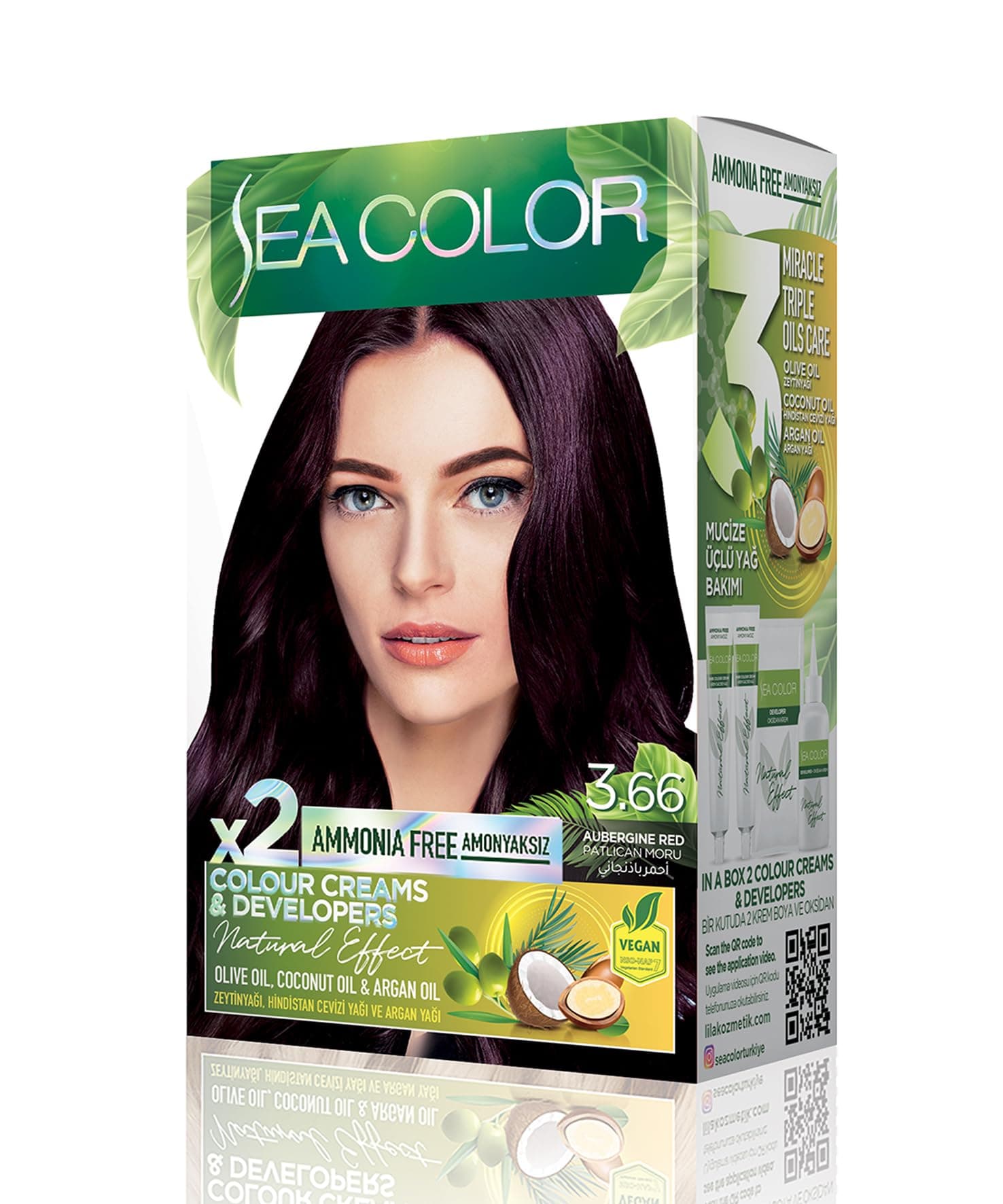 SEA COLOR Amonyaksız, Vegan, Doğal, Besleyici Kalıcı Saç Boyası%100 Beyaz Kapama (1 PAKET 2 x 50 ml Boya & OKSİDAN) (Patlıcan Moru 3.66)