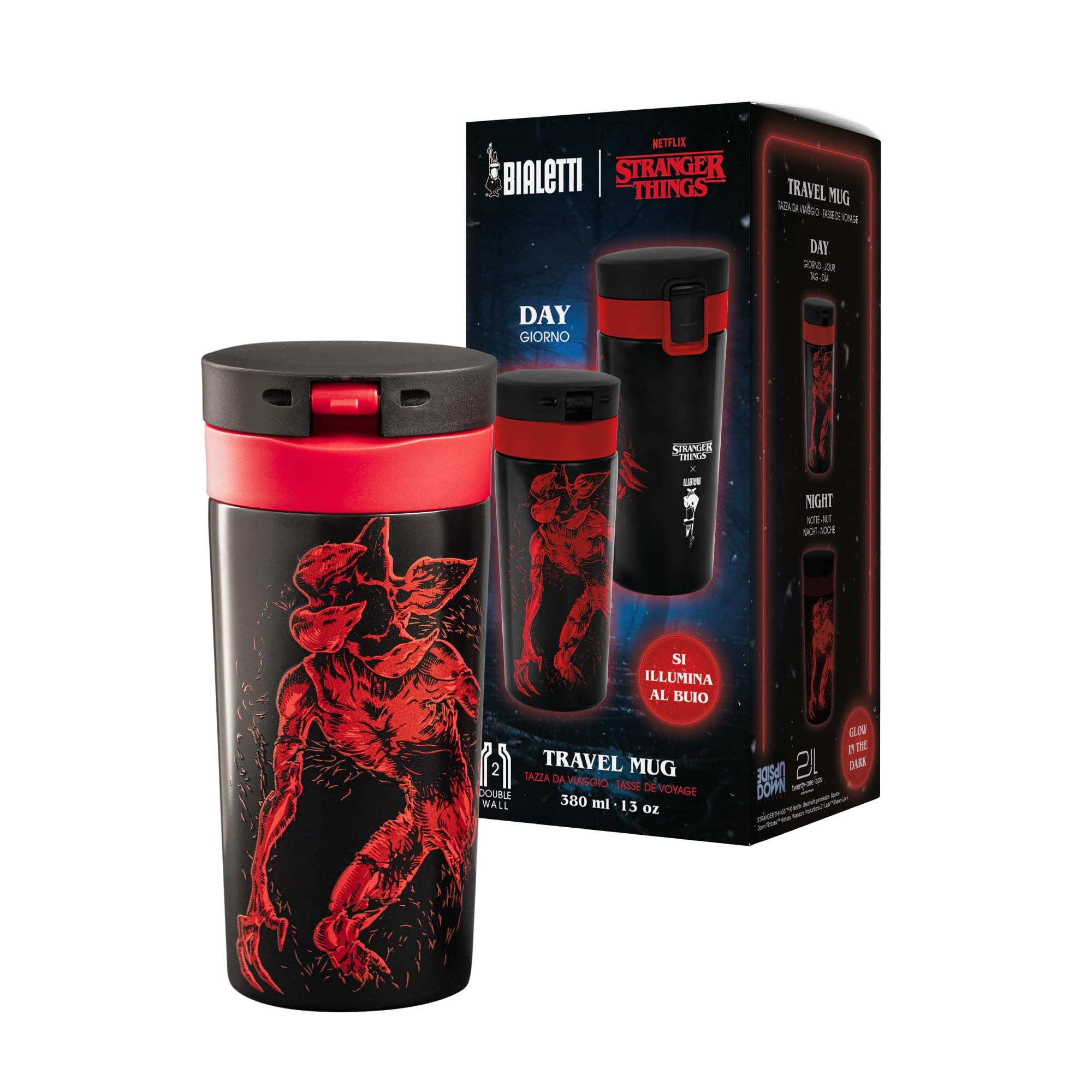 Bialetti Stranger Things Termos Seyahat Kupası - Karanlıkta Parlayan - Sıcaklık Koruma Özelliği - Bulaşık Makinesinde Yıkanamaz - 380 ml
