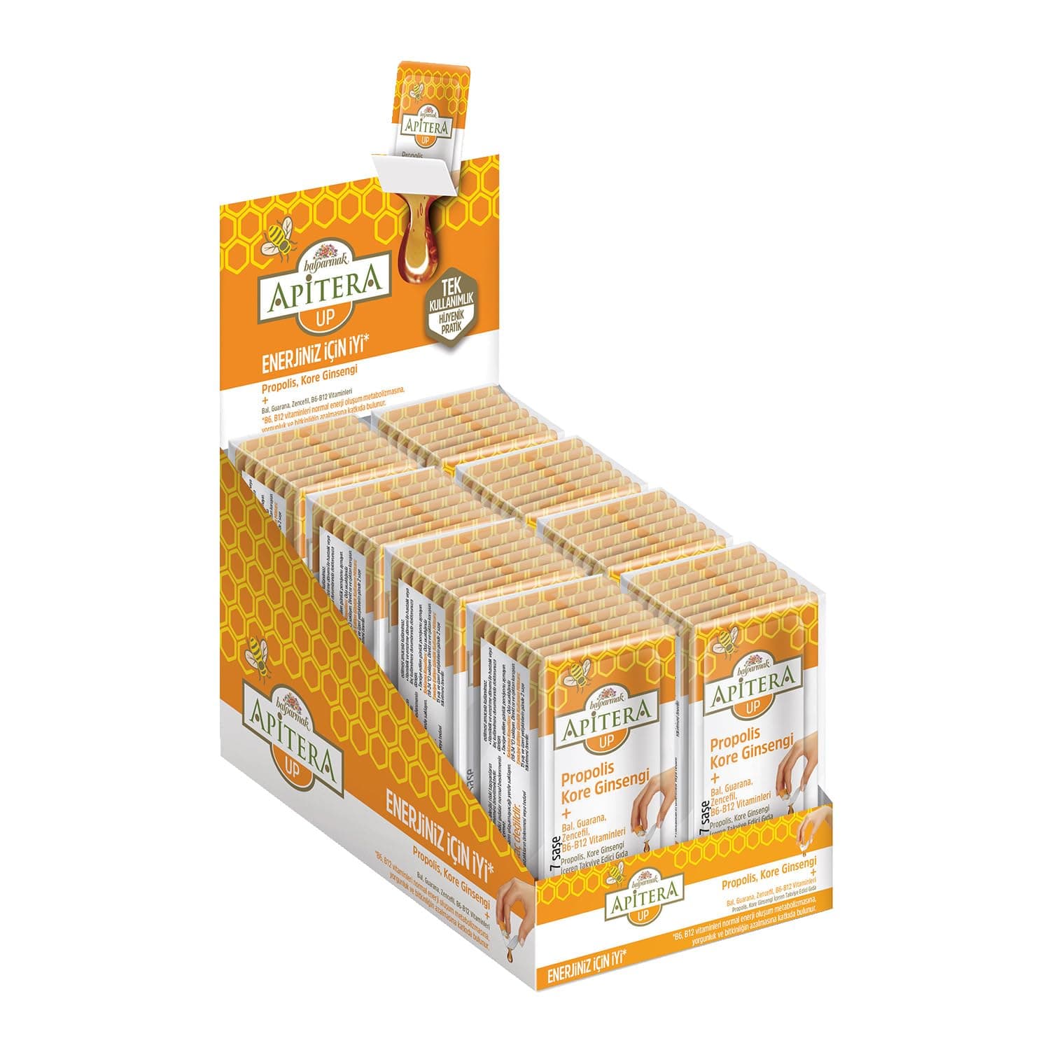 Apitera UP Doğal Bal, B Vitaminleri, Kırmızı Ginseng, Guarana ve Propolis İçeren Takviye Edici 56'lı Saşe