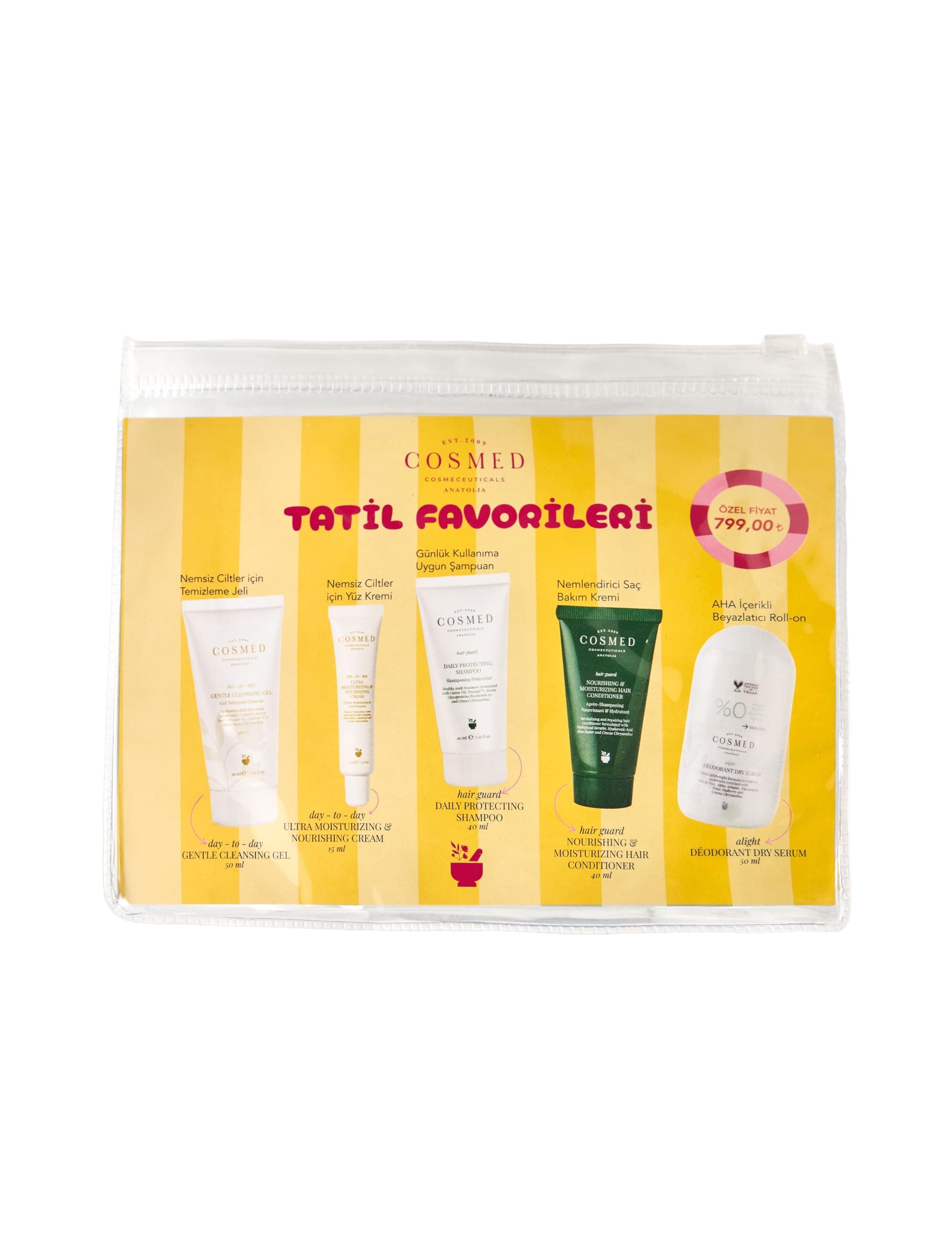 Cosmed Tatil Favorileri Seti 5 Parça – Temizleme Jeli, Nemlendirici Krem, Şampuan, Saç Kremi ve Deodorant