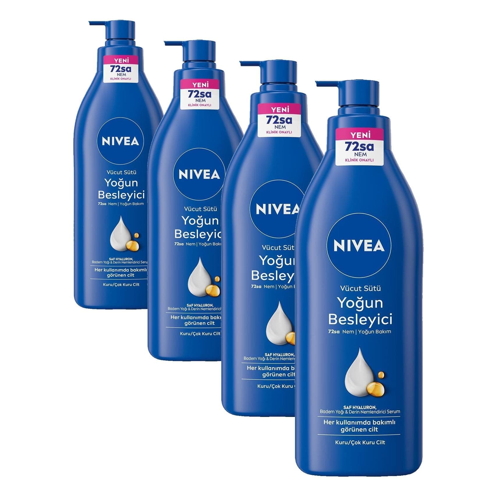 NIVEA Besleyici Vücut Sütü 400 ml, Kuru ve Çok Kuru Ciltler, 72 Saat Yoğun Nemlendirici Vücut Losyonu, 2 Kat Fazla Badem Yağı (4 paketi)