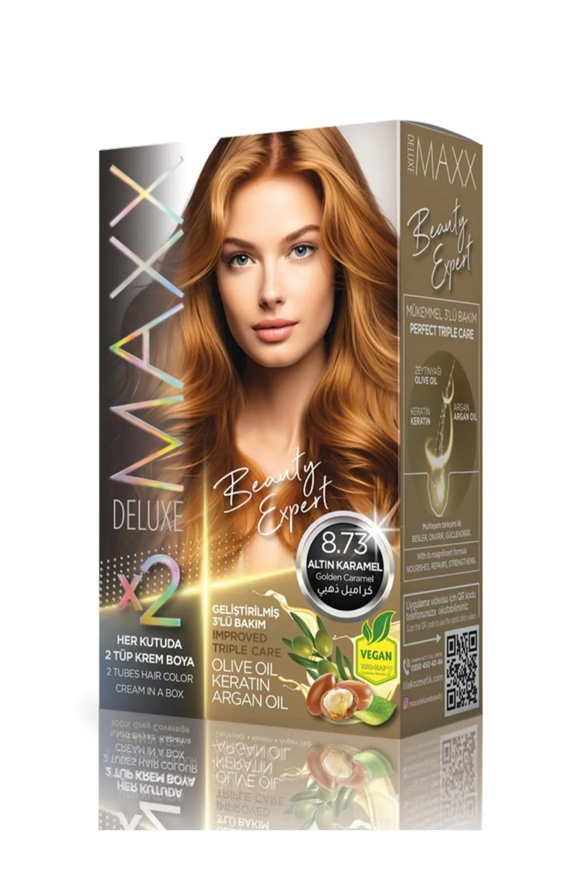 MAXX DELUXE BEAUTY EXPERT HAIR COLOR (KERATİN)'Lİ 1 KUTU (2 X 50 ML) (Altın Karamel 8.73)