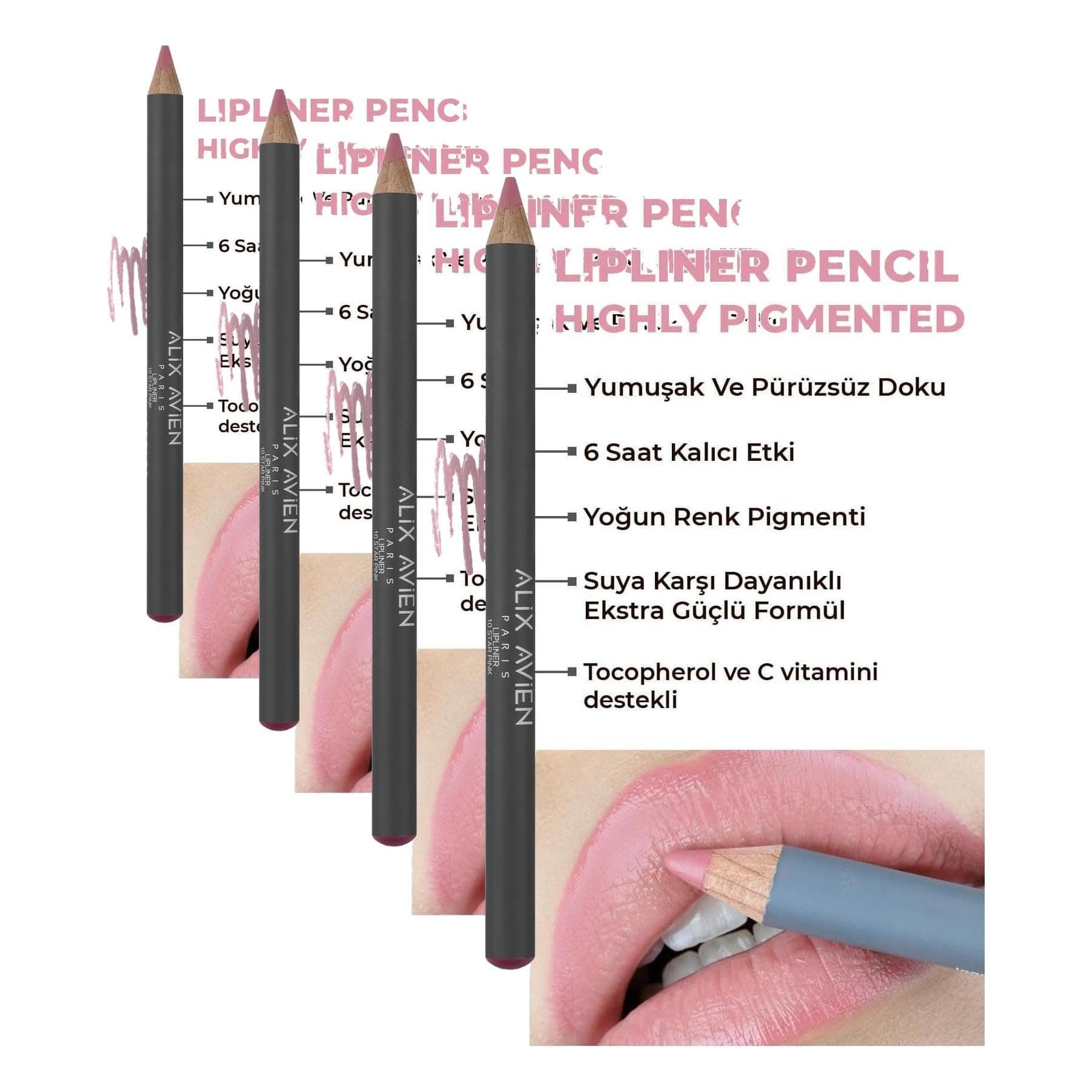 ALIX AVIEN Uzun Süre Kalıcı Dağılma Yapmayan Nemlendirici Dudak Kalemi - Lipliner Pencil 10 Star Pink (4 paketi)