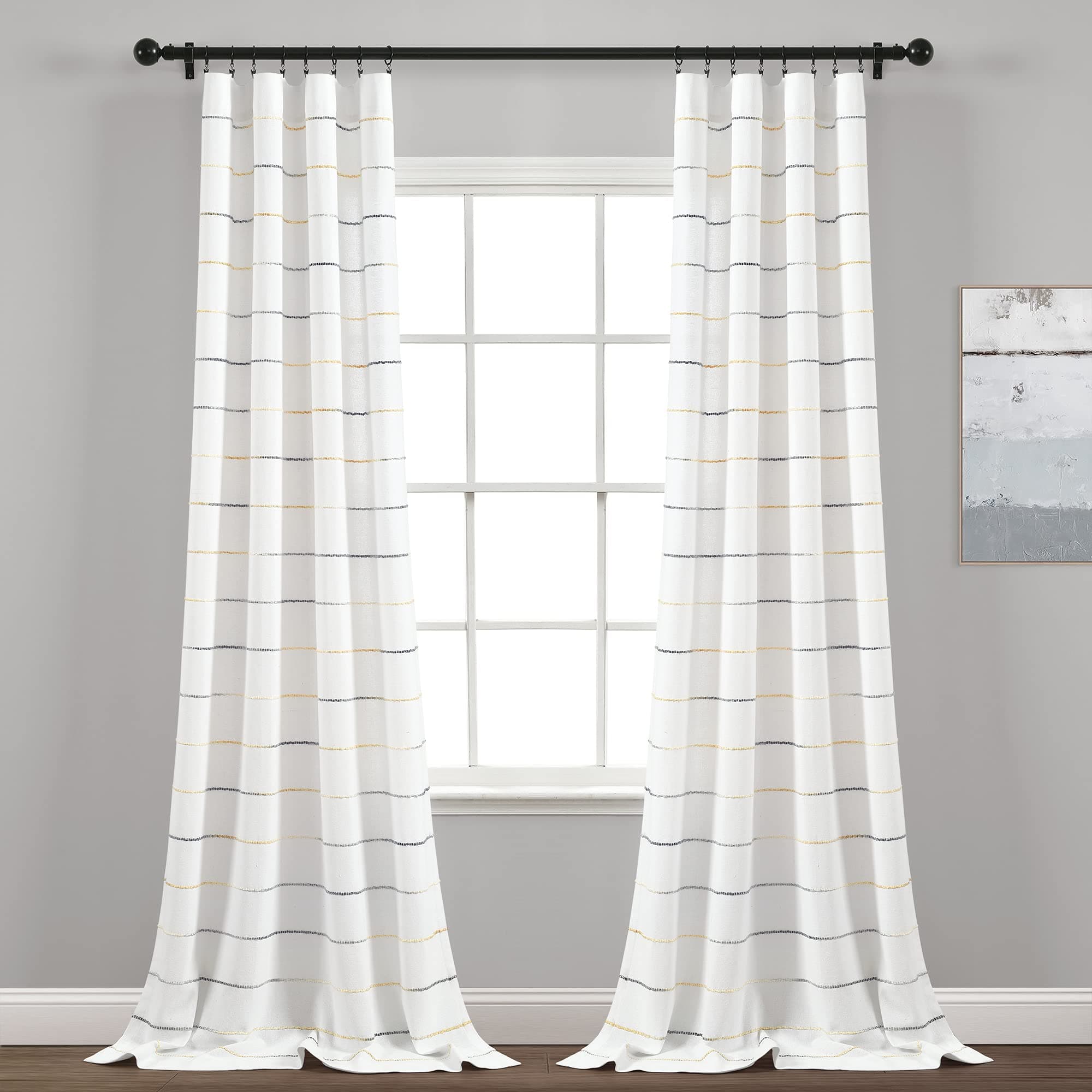 Lush Decor Ombre Çizgili İplik Boyalı Pamuk Pencere Perdeleri Panel Çifti, 101,6 cm G x 274,3 cm L, Sarı ve Gri