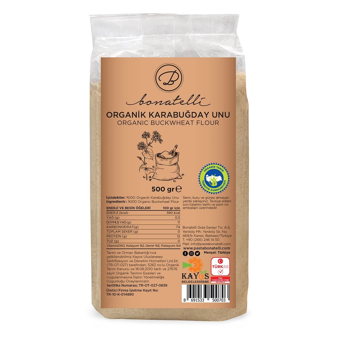 Tellioğlu Bonatelli Organik Karabuğday Unu 500 Gr