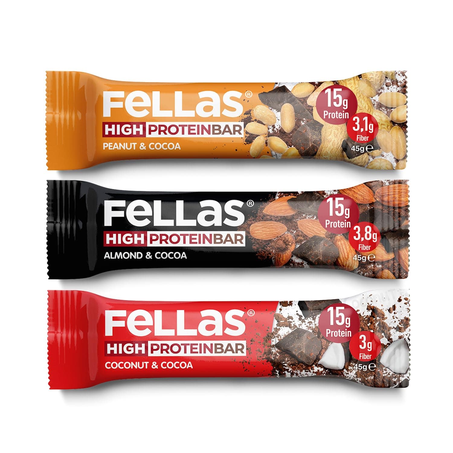 Fellas Yüksek Protein Bar, Karma Kutu (3 Çeşit), 45gr x 12 Adet