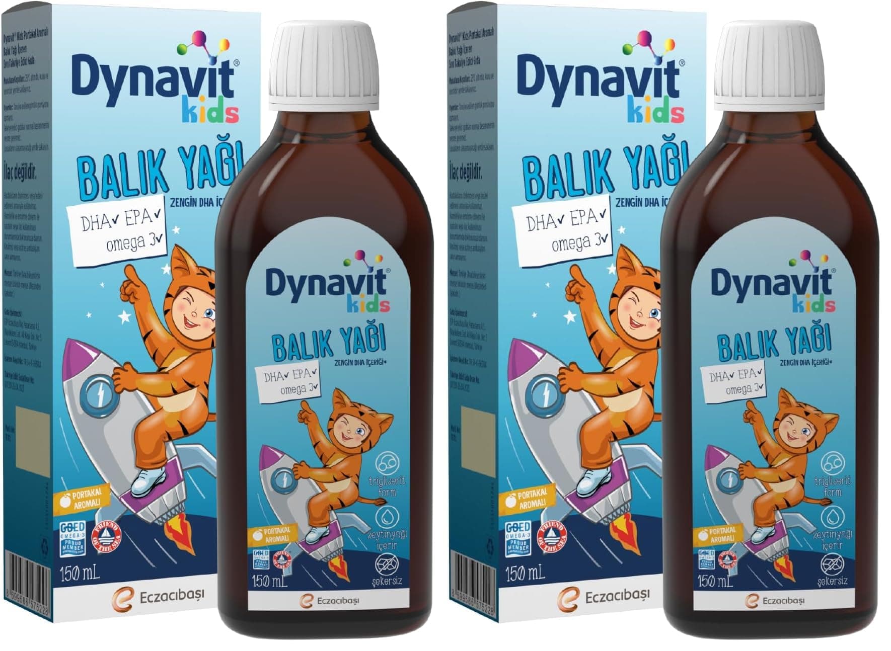 Dynavit Kids Balık Yağı 150 mL - Çocuklar için 1300mg Balık Yağı, Omega-3, EPA, DHA - Portakal Aromalı (2 paketi)