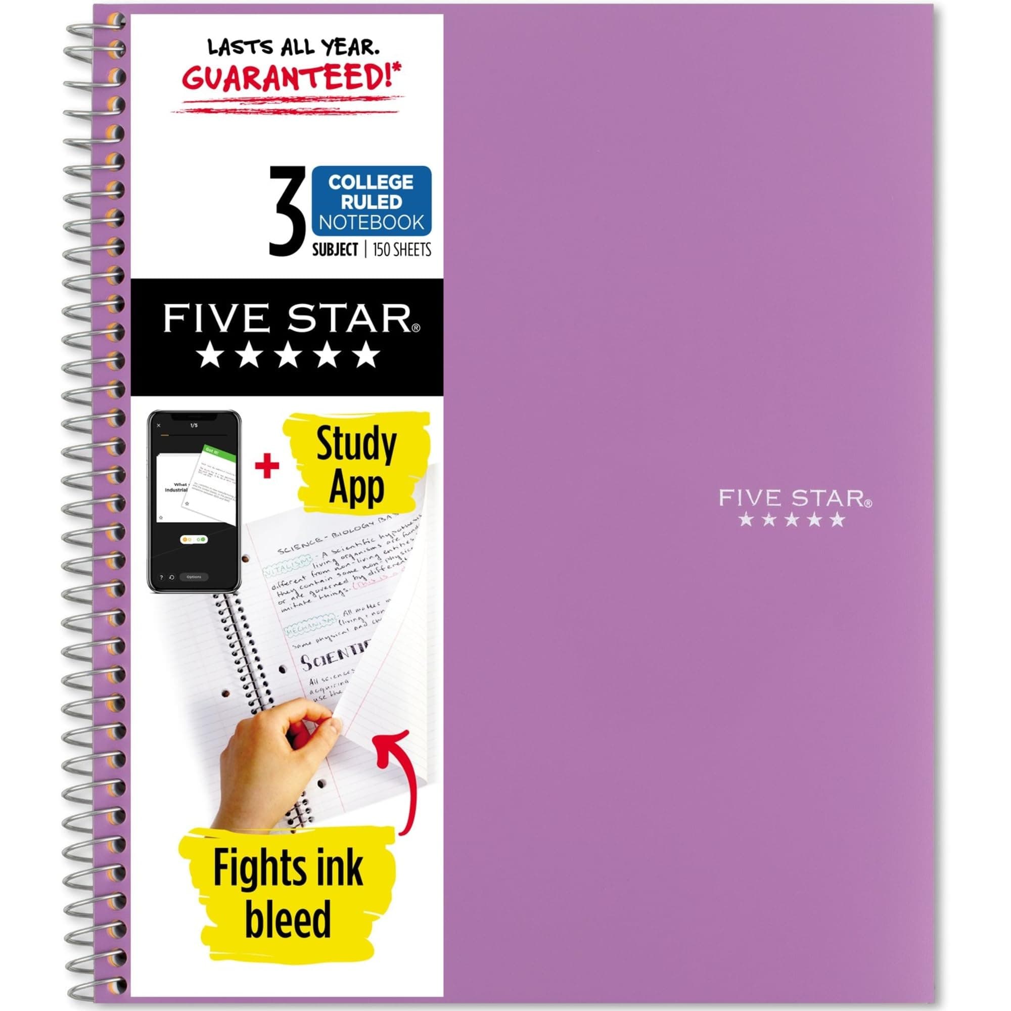 Five Star Spiral Notebook, 3 Subject, College Ruled Paper, 150 Sayfa, 11" x 8-1/2, Mor (38746)